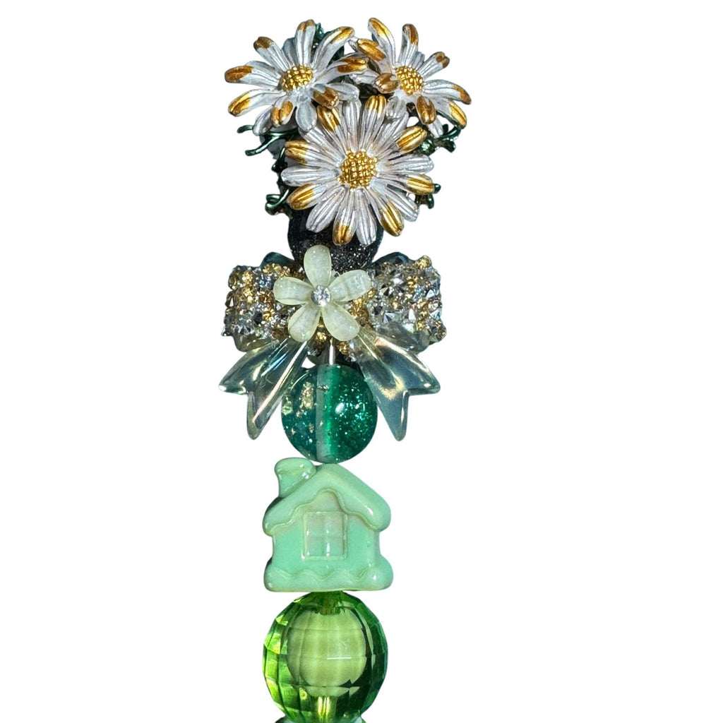 Decorative Green Beaded Pen With Floral & Crystal Accents Unique Handcrafted Design