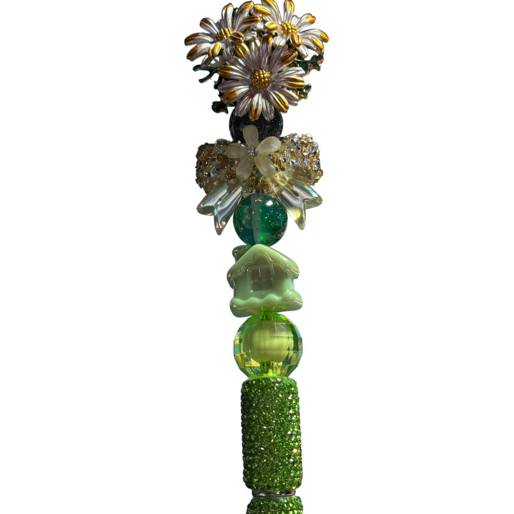 Decorative Green Beaded Pen With Floral & Crystal Accents Unique Handcrafted Design