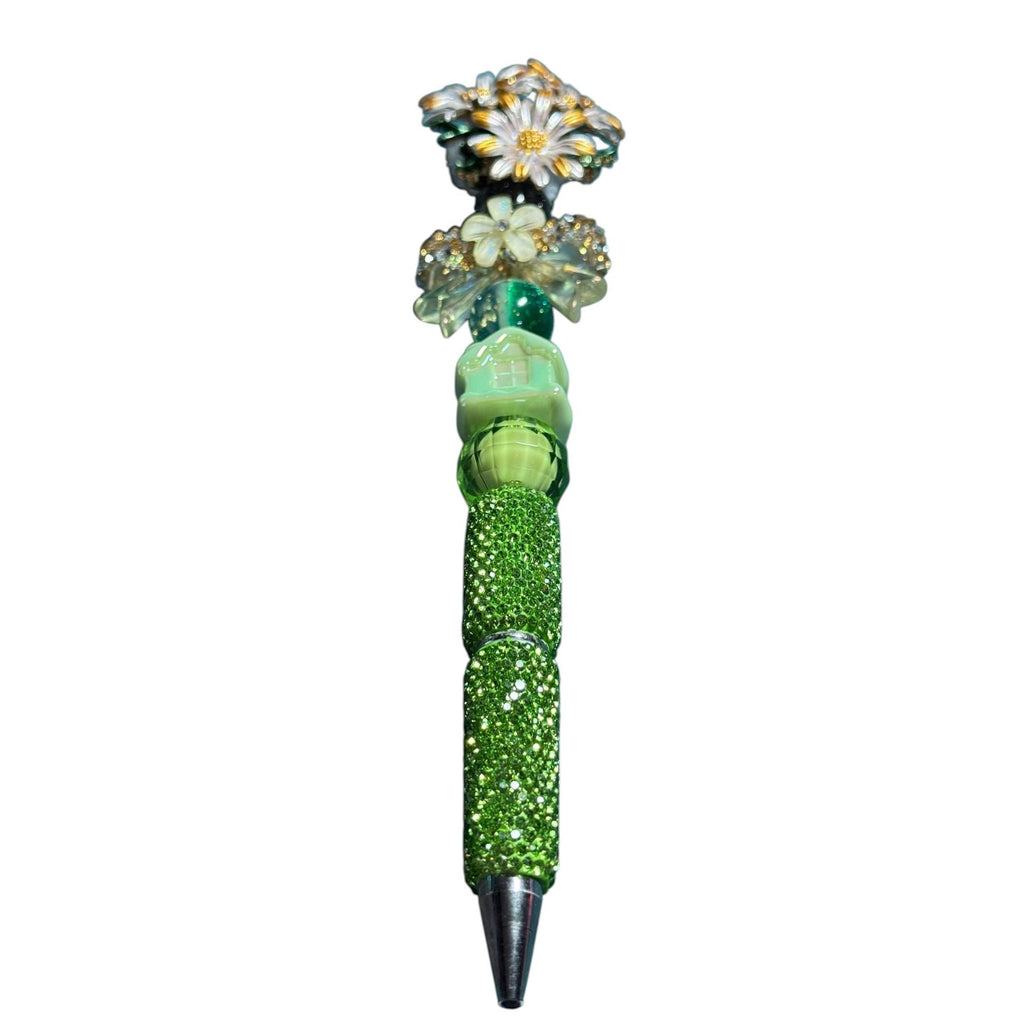 Decorative Green Beaded Pen With Floral & Crystal Accents Unique Handcrafted Design