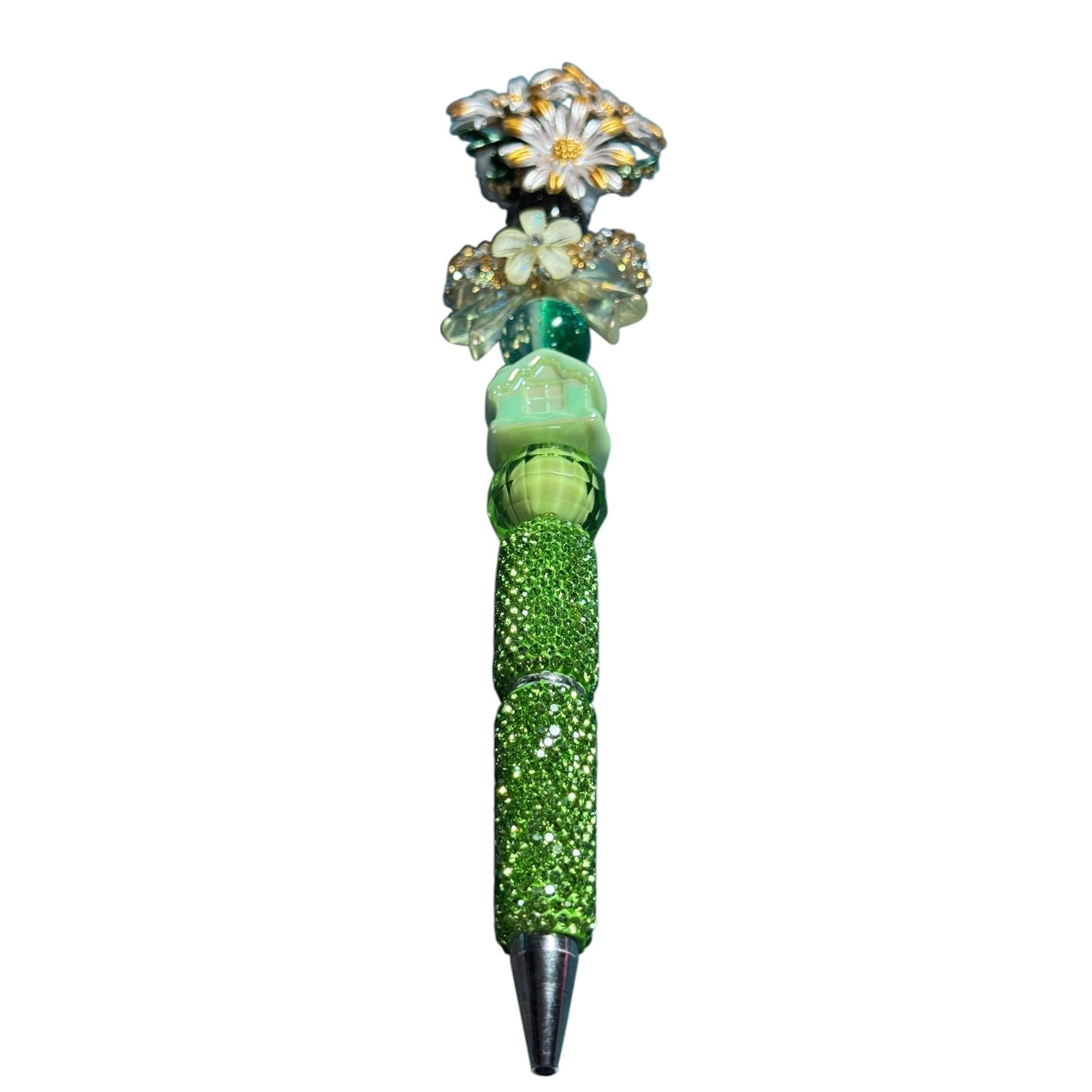 Decorative Green Beaded Pen With Floral & Crystal Accents Unique Handcrafted Design