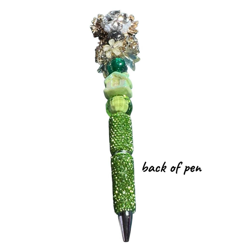 Decorative Green Beaded Pen With Floral & Crystal Accents Unique Handcrafted Design