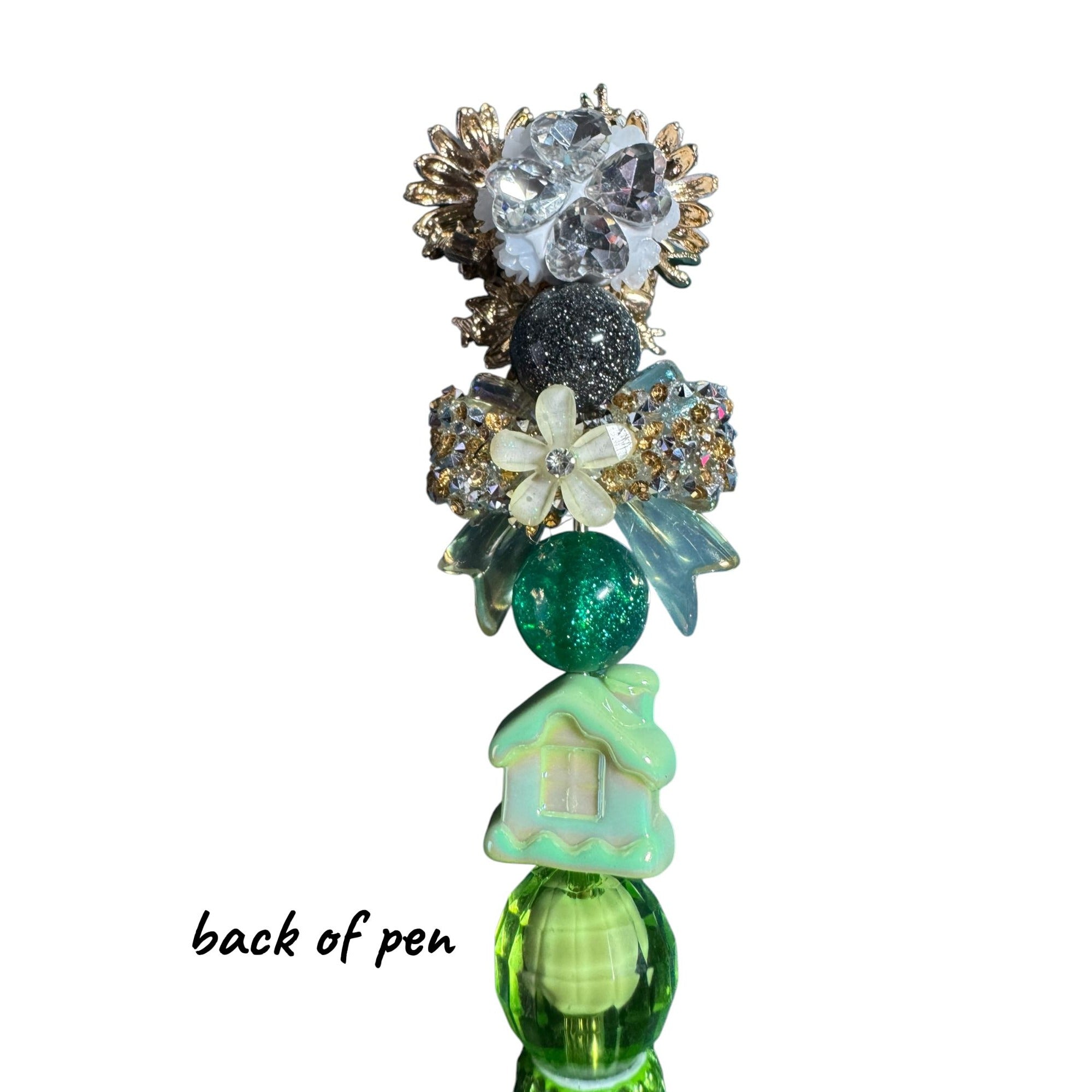 Decorative Green Beaded Pen With Floral & Crystal Accents Unique Handcrafted Design