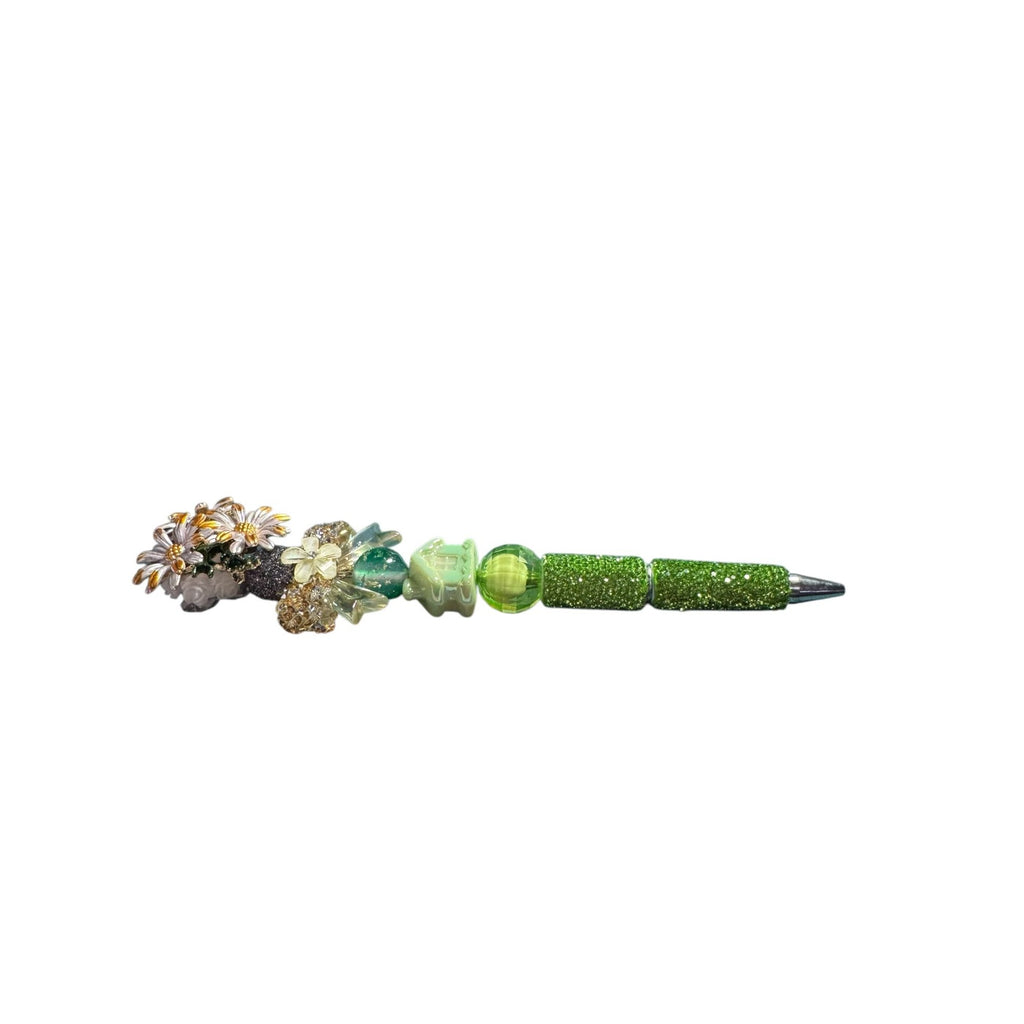 Decorative Green Beaded Pen With Floral & Crystal Accents Unique Handcrafted Design