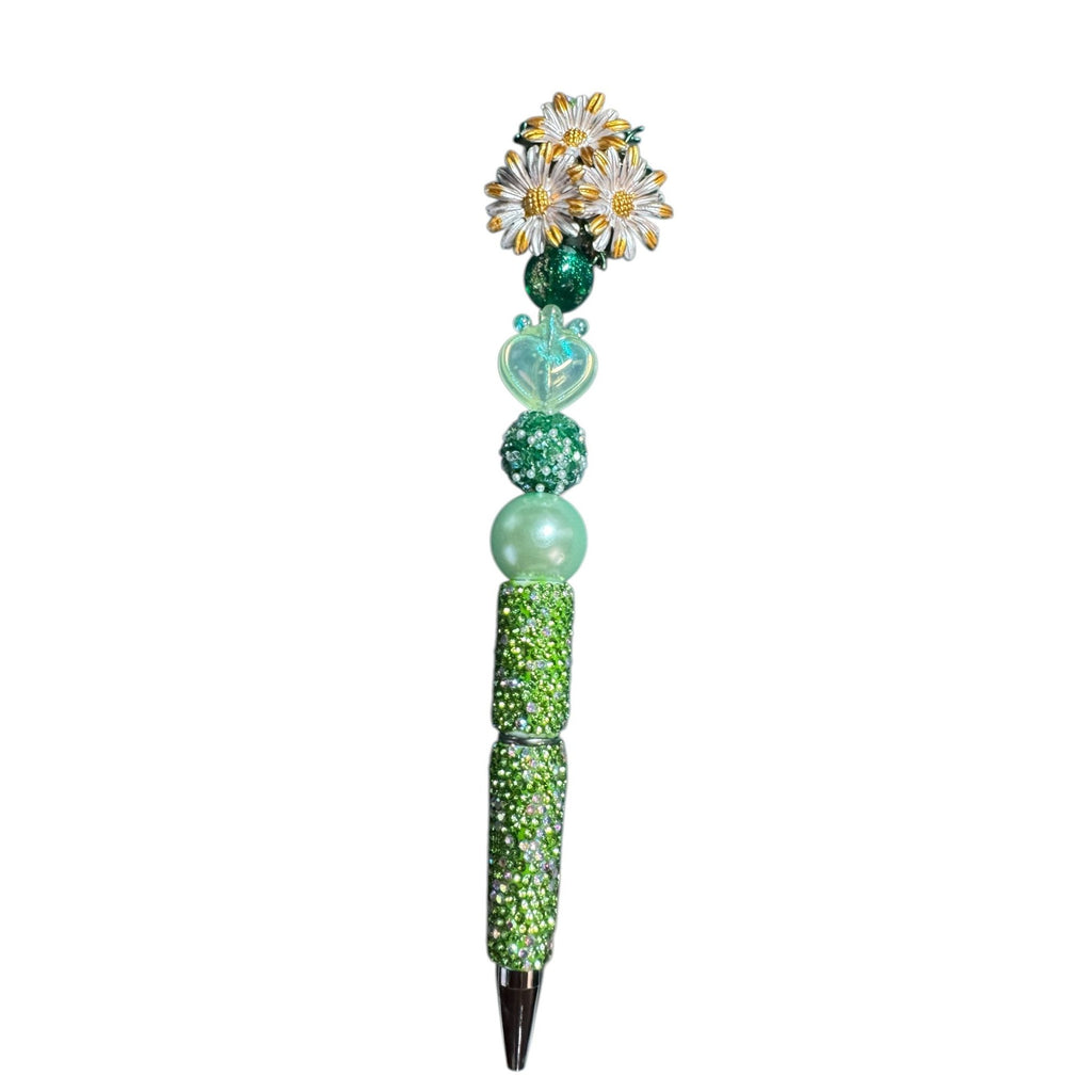 Handcrafted Green Beaded Pen With Floral Daisy Top & Heart Accents - Elegant Desk Accessory Gift