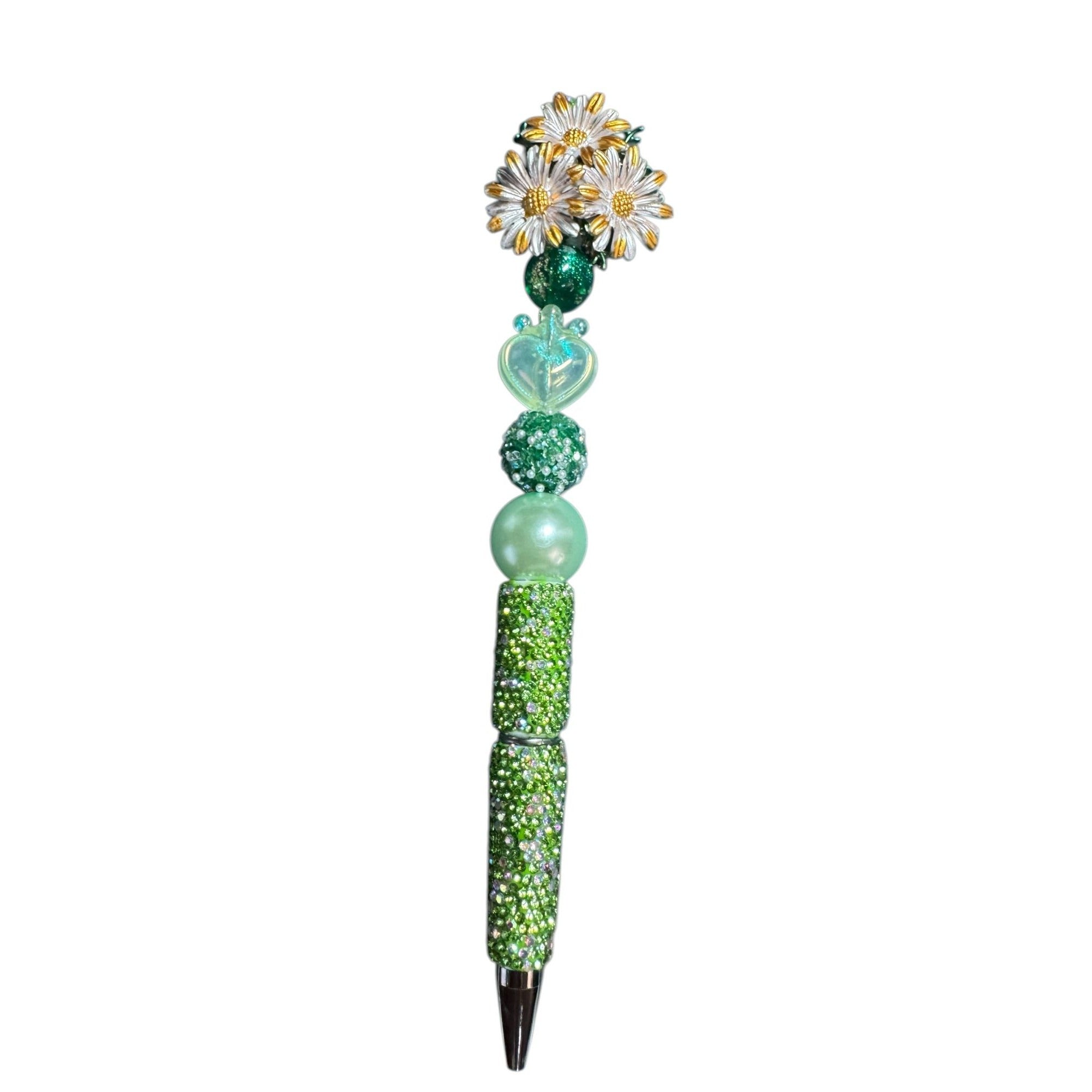 Handcrafted Green Beaded Pen With Floral Daisy Top & Heart Accents - Elegant Desk Accessory Gift