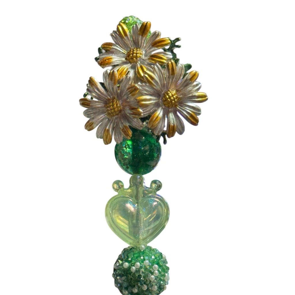 Handcrafted Green Beaded Pen With Floral Daisy Top & Heart Accents - Elegant Desk Accessory Gift