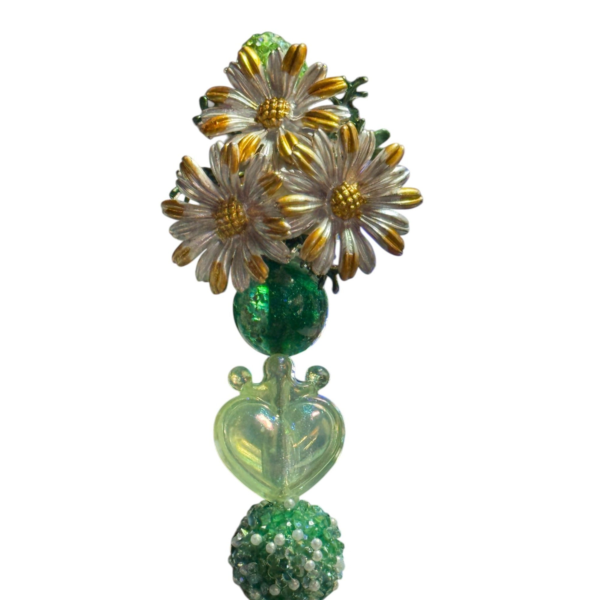 Handcrafted Green Beaded Pen With Floral Daisy Top & Heart Accents - Elegant Desk Accessory Gift