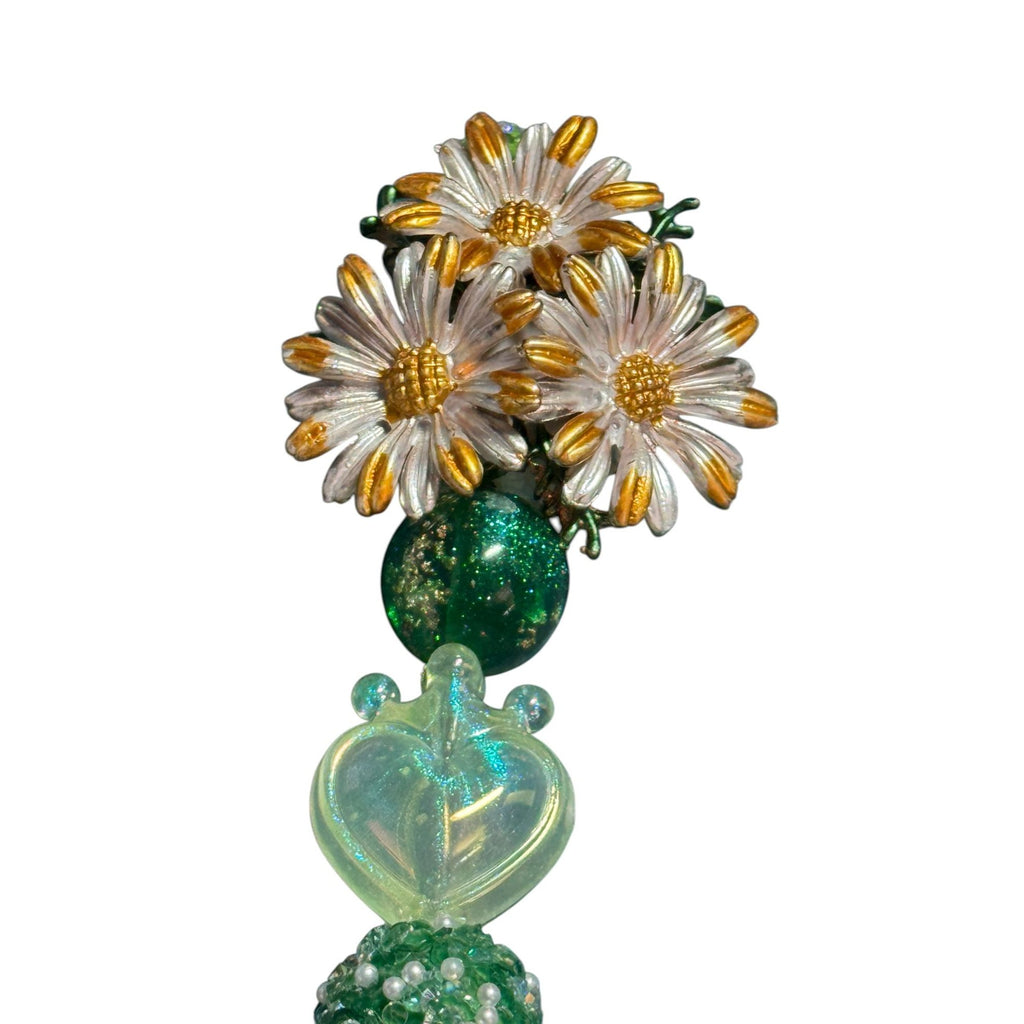Handcrafted Green Beaded Pen With Floral Daisy Top & Heart Accents - Elegant Desk Accessory Gift