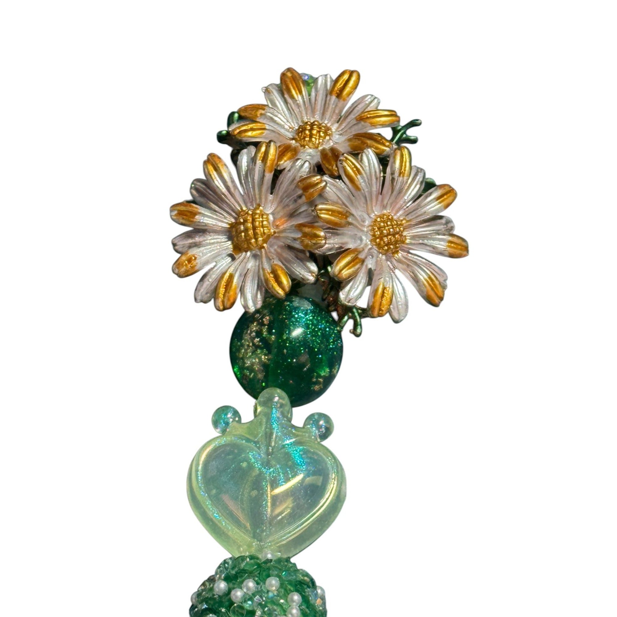 Handcrafted Green Beaded Pen With Floral Daisy Top & Heart Accents - Elegant Desk Accessory Gift