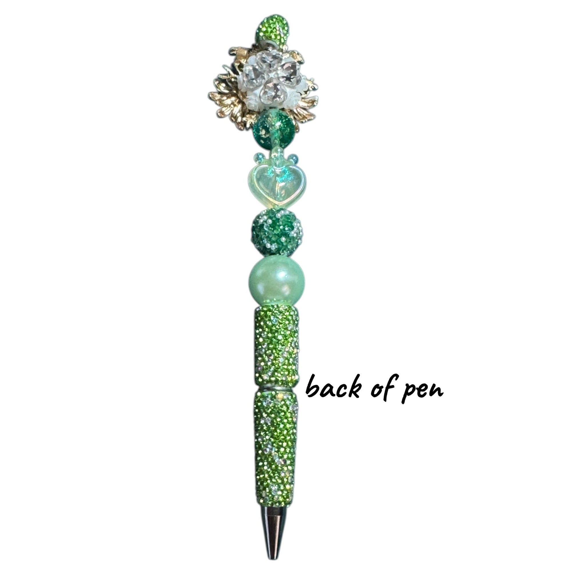 Handcrafted Green Beaded Pen With Floral Daisy Top & Heart Accents - Elegant Desk Accessory Gift