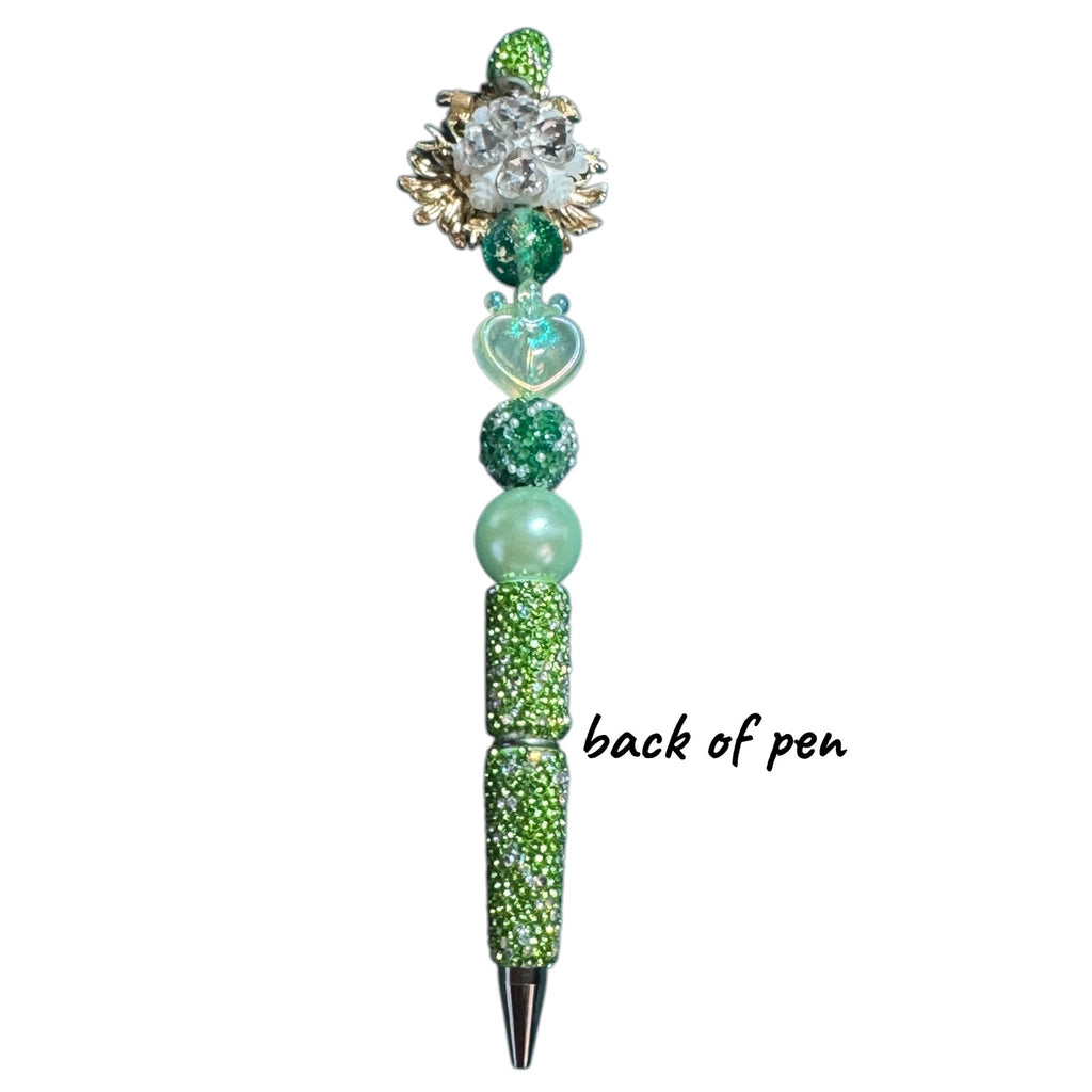 Handcrafted Green Beaded Pen With Floral Daisy Top & Heart Accents - Elegant Desk Accessory Gift