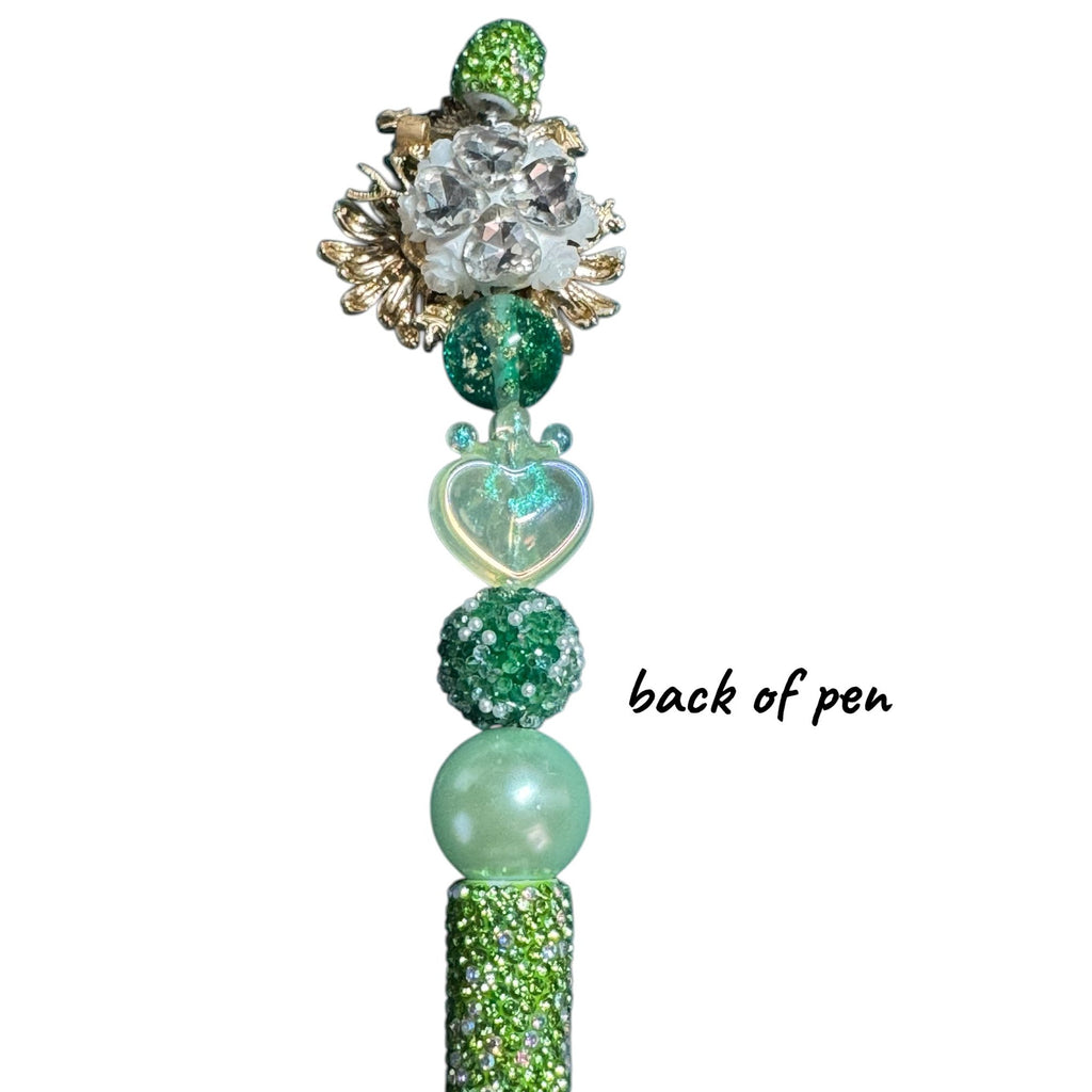 Handcrafted Green Beaded Pen With Floral Daisy Top & Heart Accents - Elegant Desk Accessory Gift