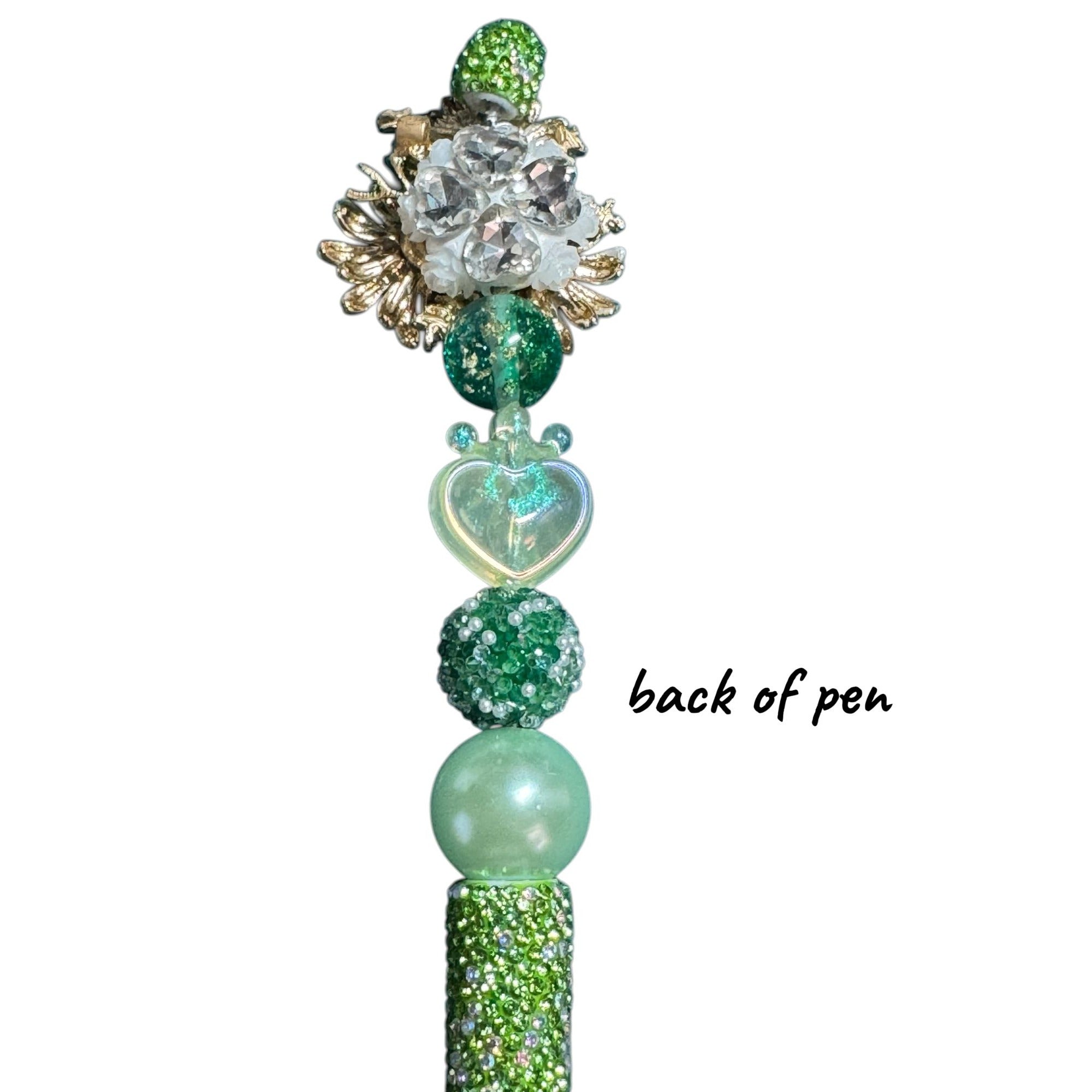 Handcrafted Green Beaded Pen With Floral Daisy Top & Heart Accents - Elegant Desk Accessory Gift