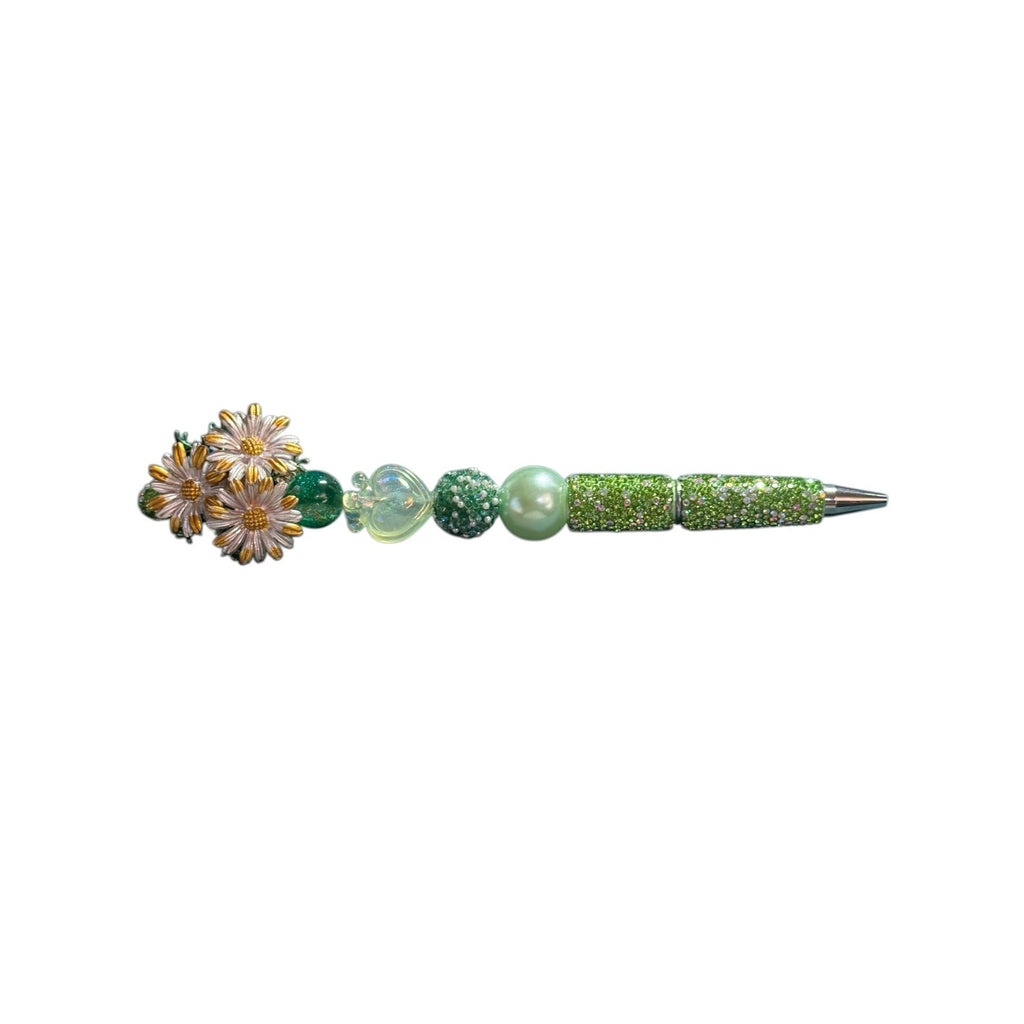 Handcrafted Green Beaded Pen With Floral Daisy Top & Heart Accents - Elegant Desk Accessory Gift