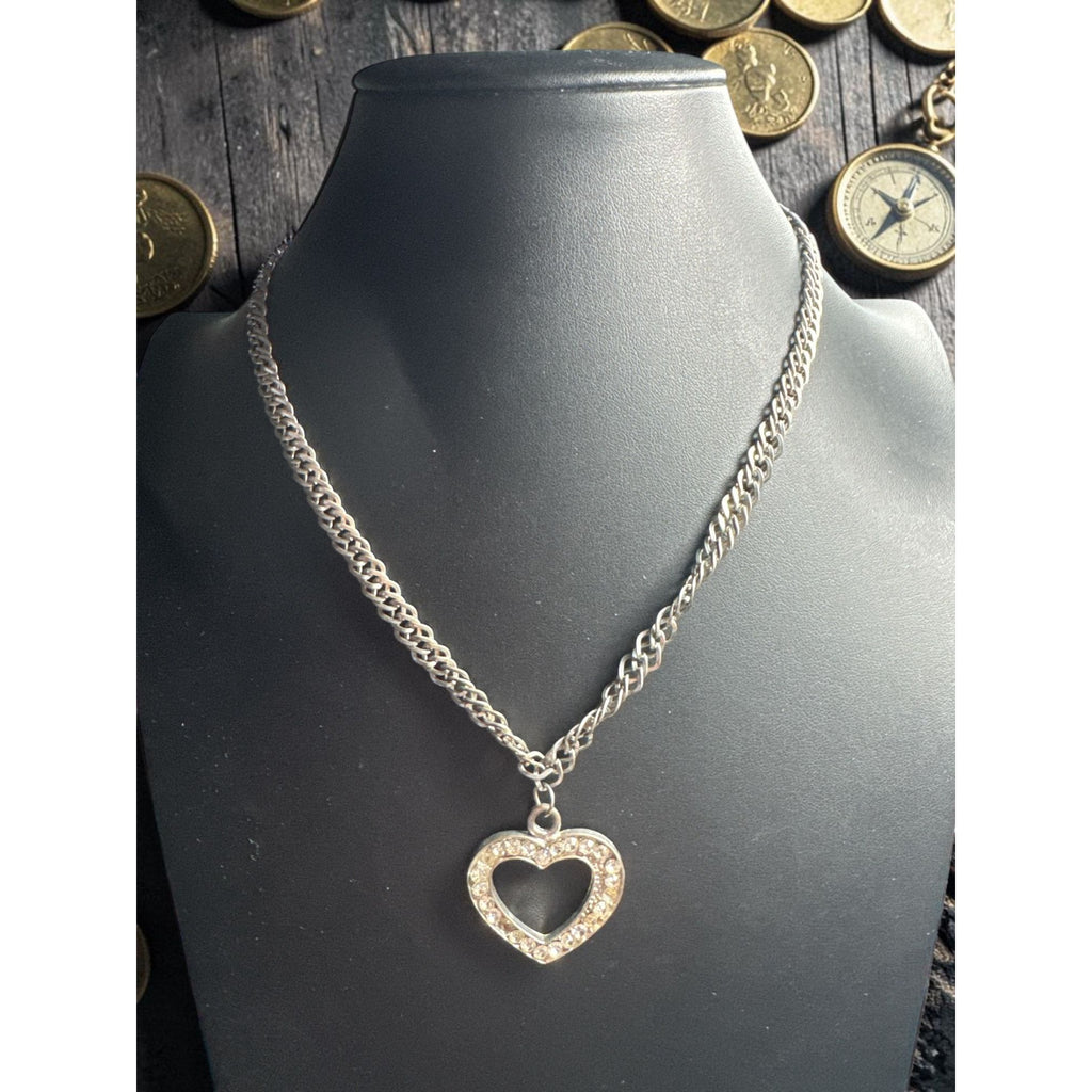 Silver Rhinestone Open Heart Pendant Necklace, Sparkling Stones, Thick Chain, Read Description