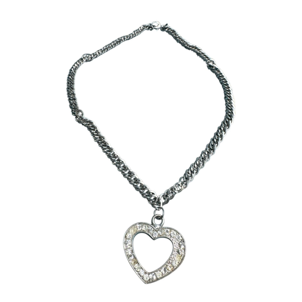 Silver Rhinestone Open Heart Pendant Necklace, Sparkling Stones, Thick Chain, Read Description