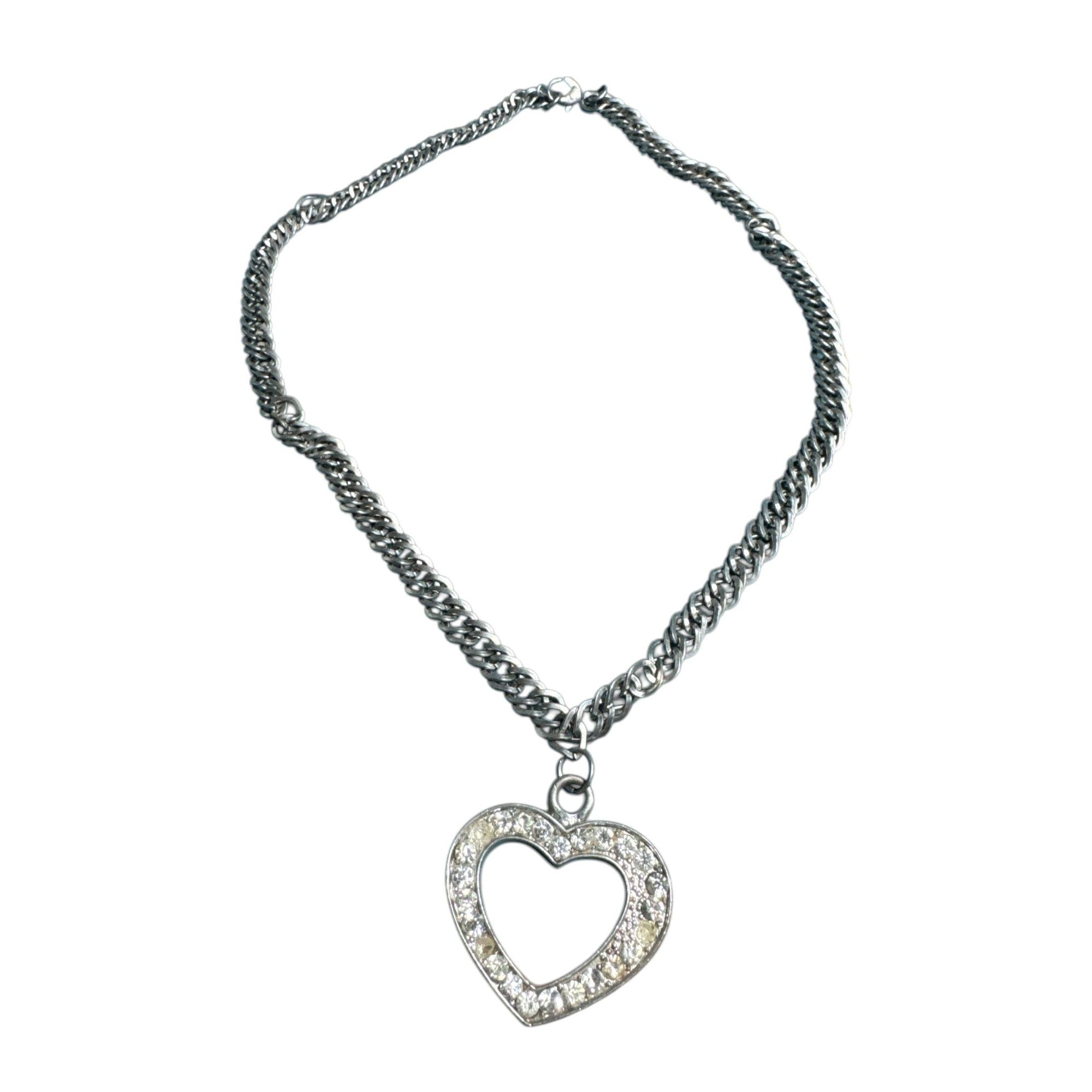 Silver Rhinestone Open Heart Pendant Necklace, Sparkling Stones, Thick Chain, Read Description