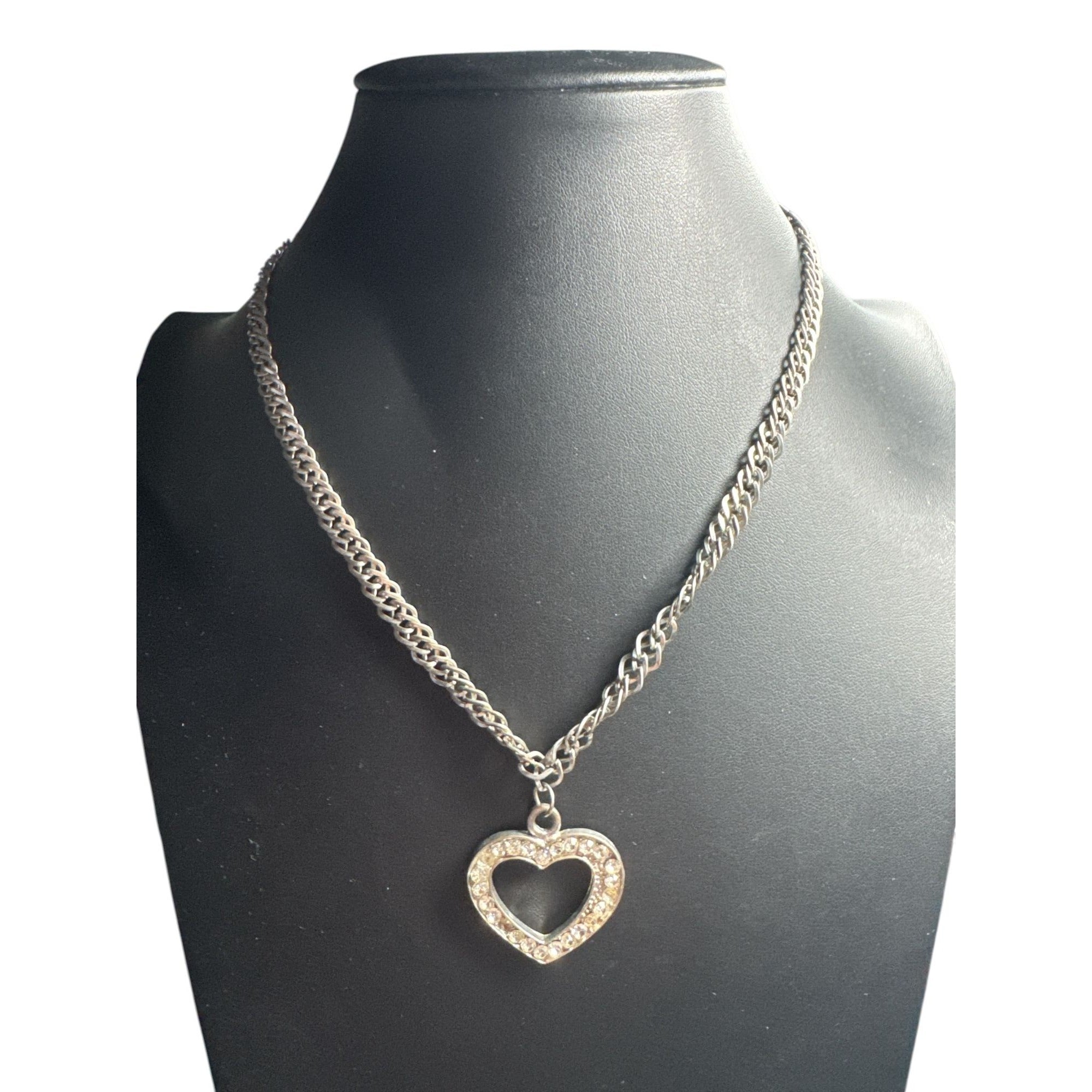 Silver Rhinestone Open Heart Pendant Necklace, Sparkling Stones, Thick Chain, Read Description