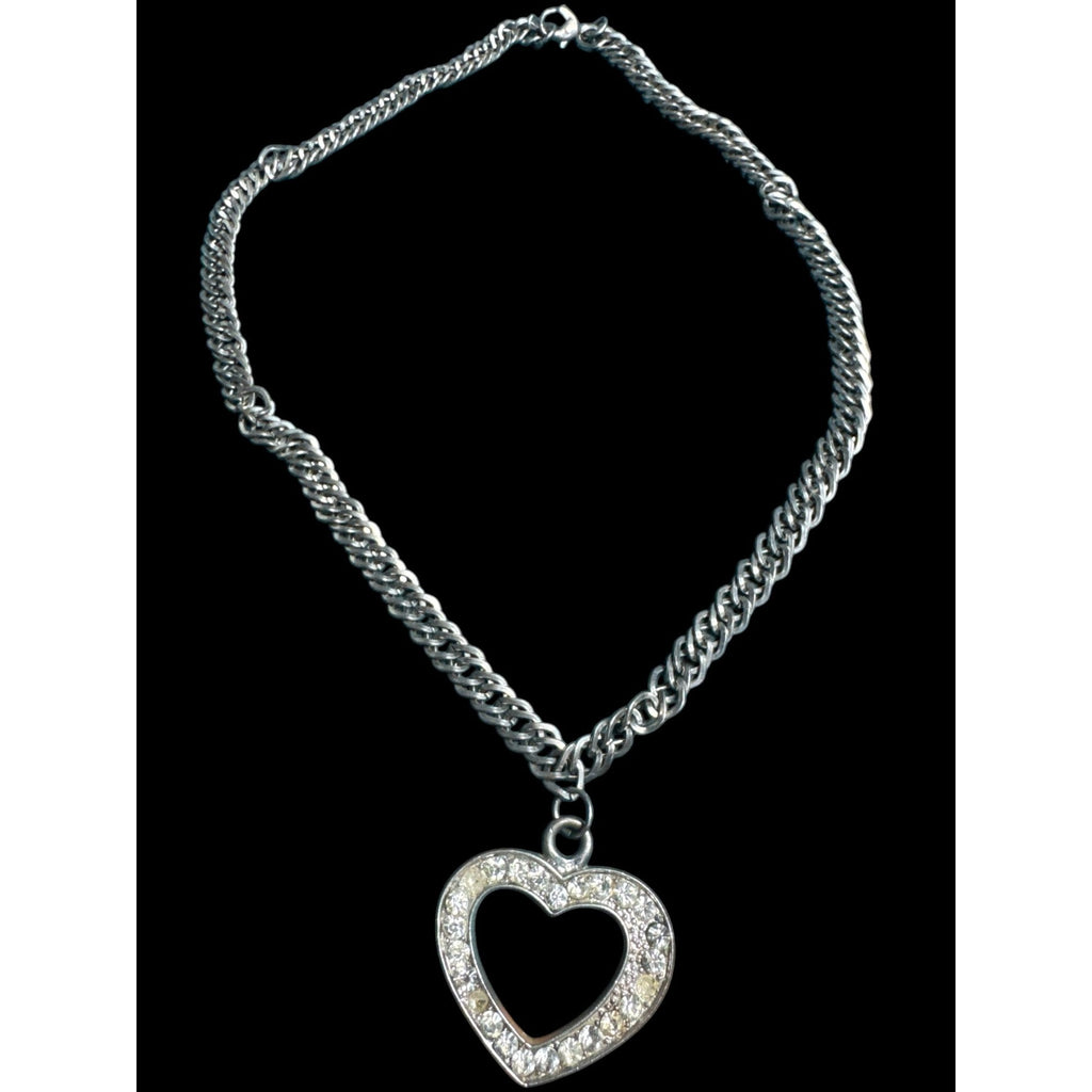Silver Rhinestone Open Heart Pendant Necklace, Sparkling Stones, Thick Chain, Read Description
