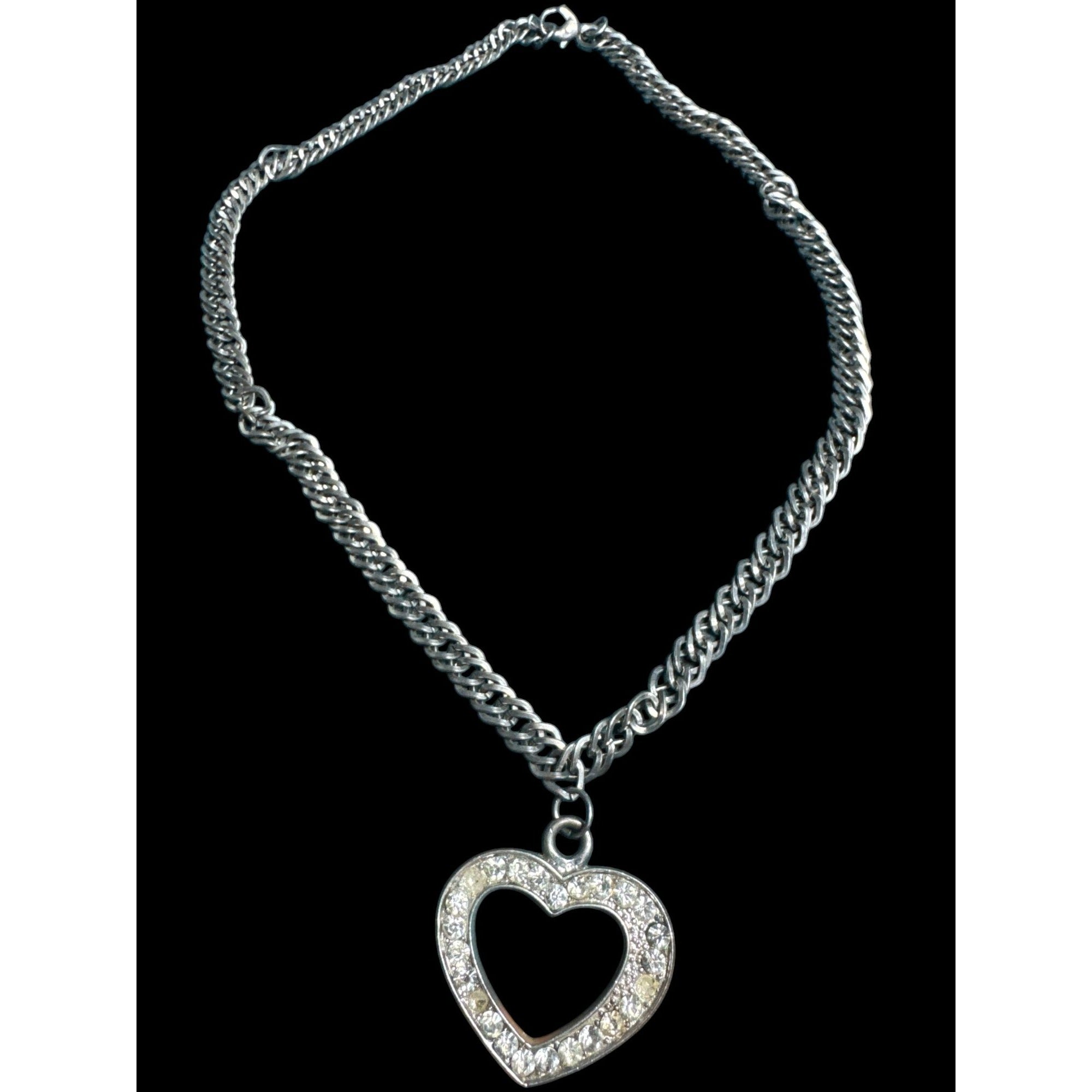 Silver Rhinestone Open Heart Pendant Necklace, Sparkling Stones, Thick Chain, Read Description
