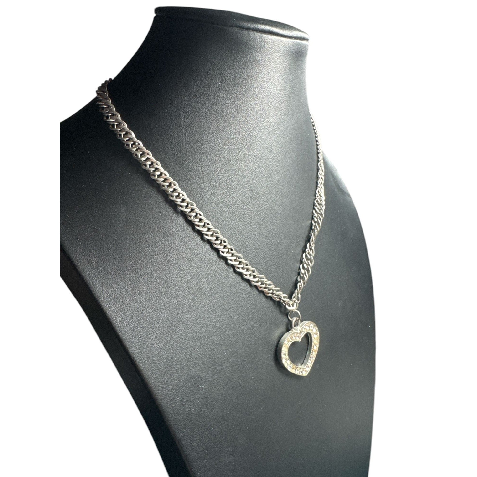 Silver Rhinestone Open Heart Pendant Necklace, Sparkling Stones, Thick Chain, Read Description