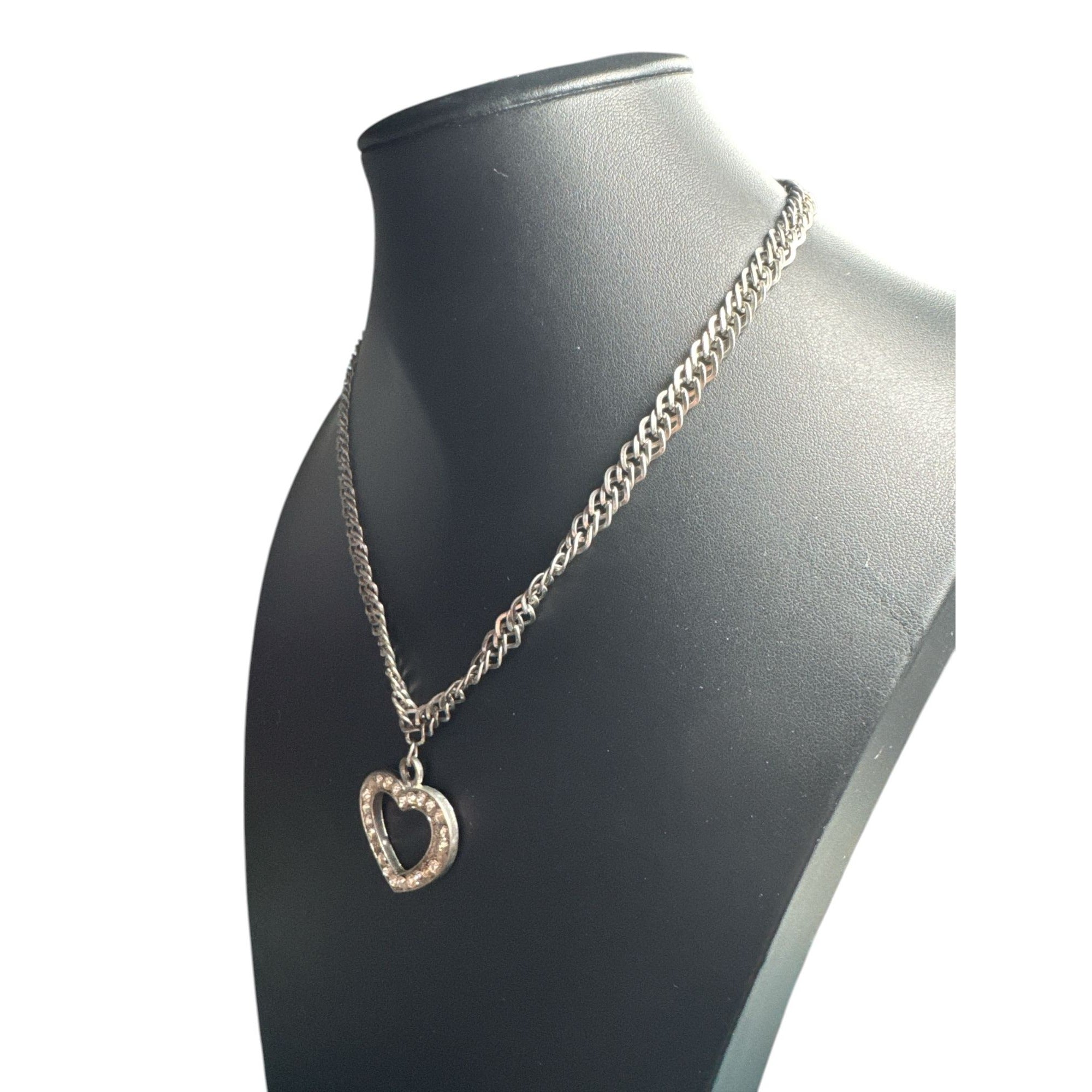Silver Rhinestone Open Heart Pendant Necklace, Sparkling Stones, Thick Chain, Read Description