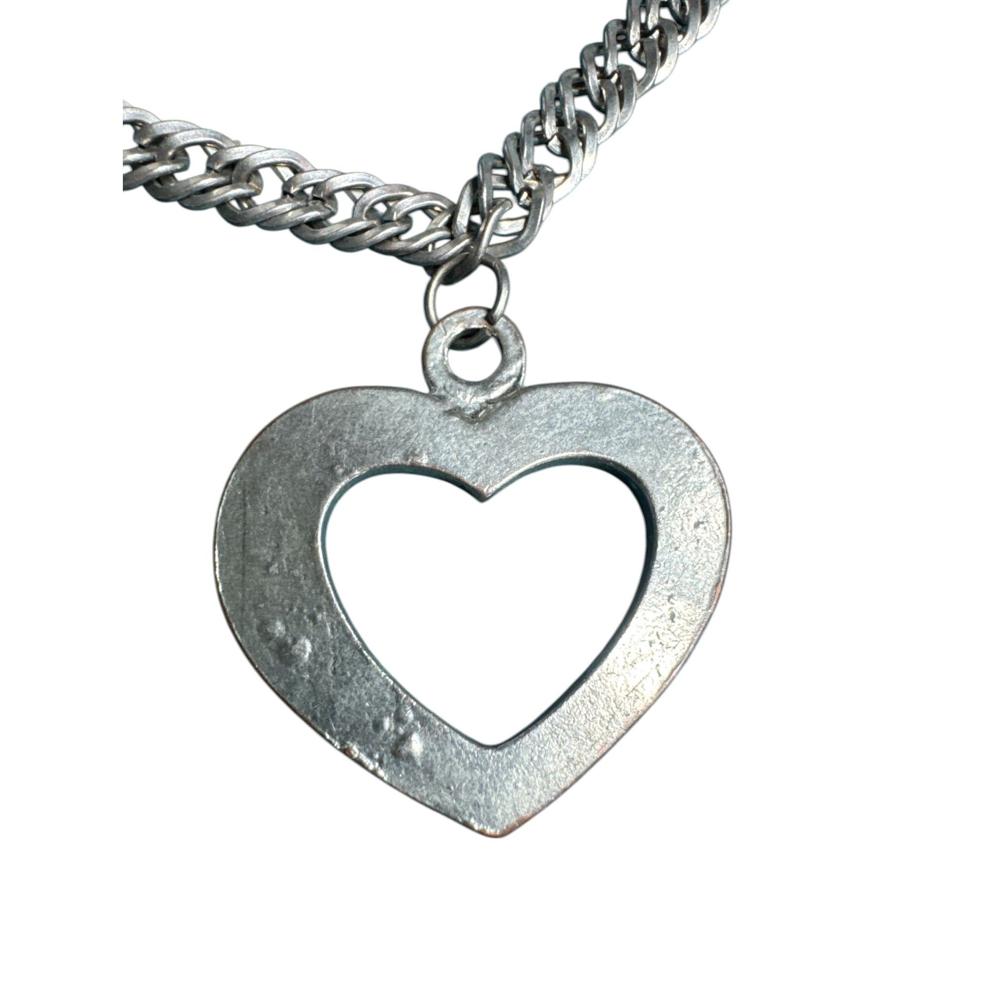 Silver Rhinestone Open Heart Pendant Necklace, Sparkling Stones, Thick Chain, Read Description