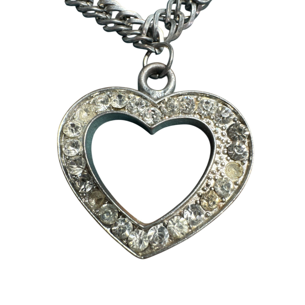 Silver Rhinestone Open Heart Pendant Necklace, Sparkling Stones, Thick Chain, Read Description