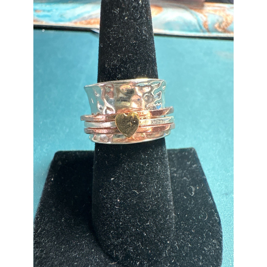 Hammered Sterling Silver Wide Band Spinner Ring With Copper Accents & Heart Design