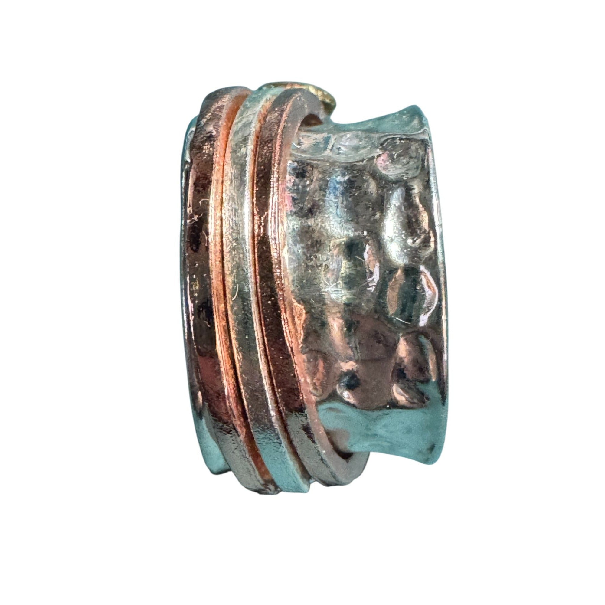 Hammered Sterling Silver Wide Band Spinner Ring With Copper Accents & Heart Design
