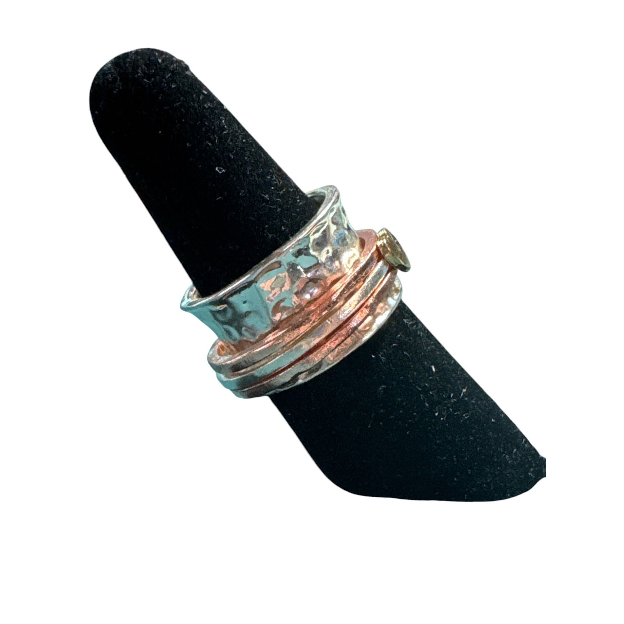 Hammered Sterling Silver Wide Band Spinner Ring With Copper Accents & Heart Design