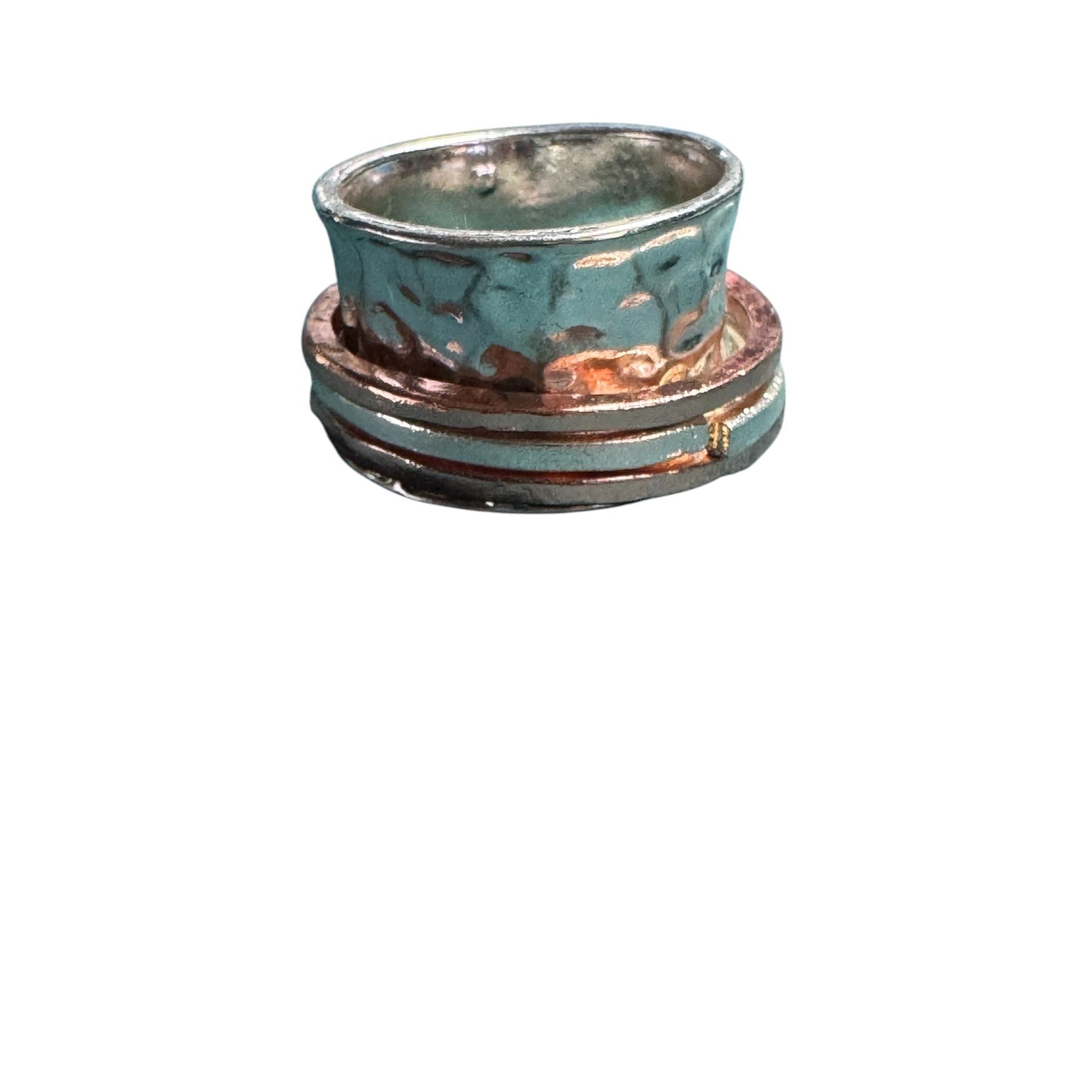 Hammered Sterling Silver Wide Band Spinner Ring With Copper Accents & Heart Design