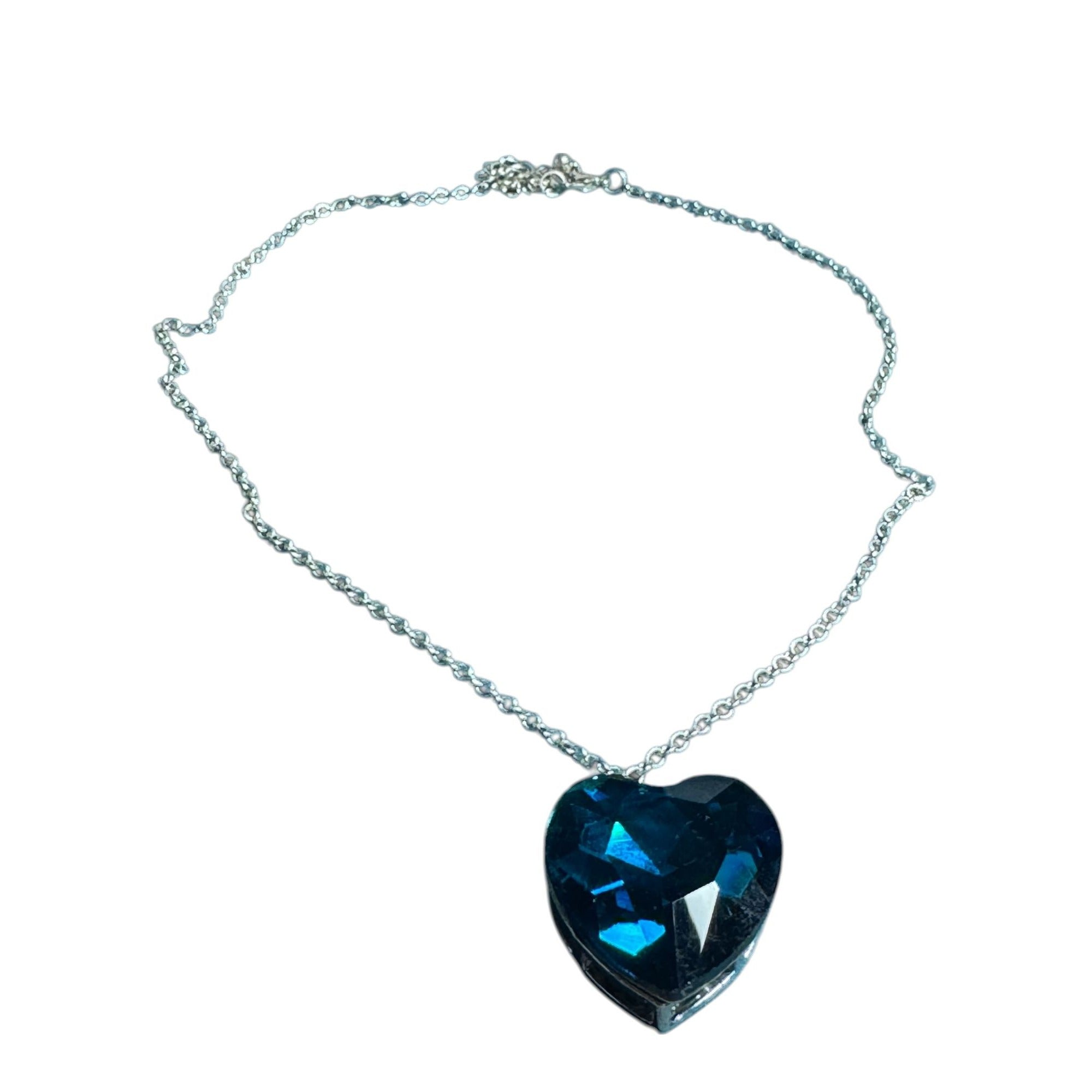 Blue Heart Pendant Necklace Faceted Glass Stone Silver Tone Chain Romantic Sparkling Jewelry