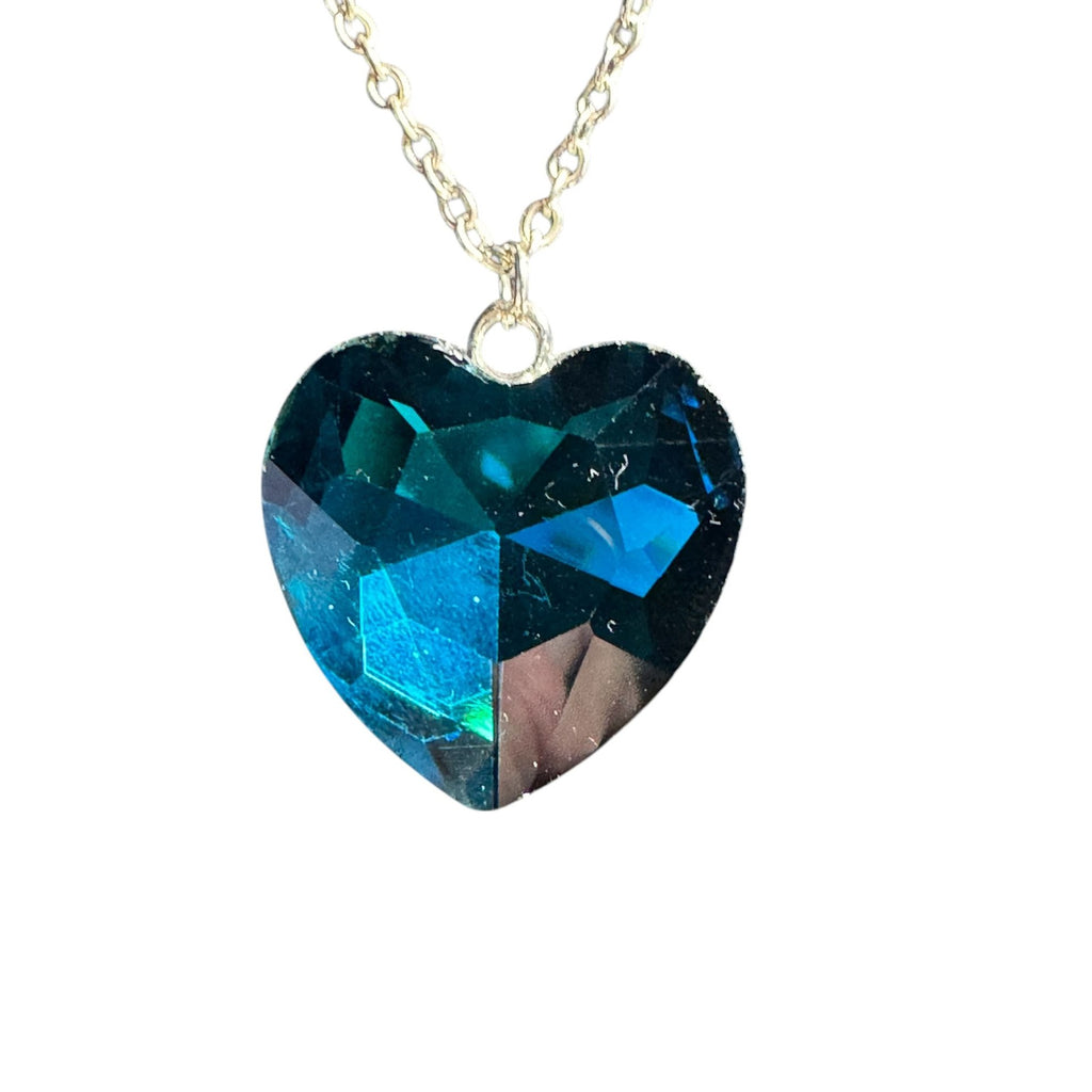 Blue Heart Pendant Necklace Faceted Glass Stone Silver Tone Chain Romantic Sparkling Jewelry
