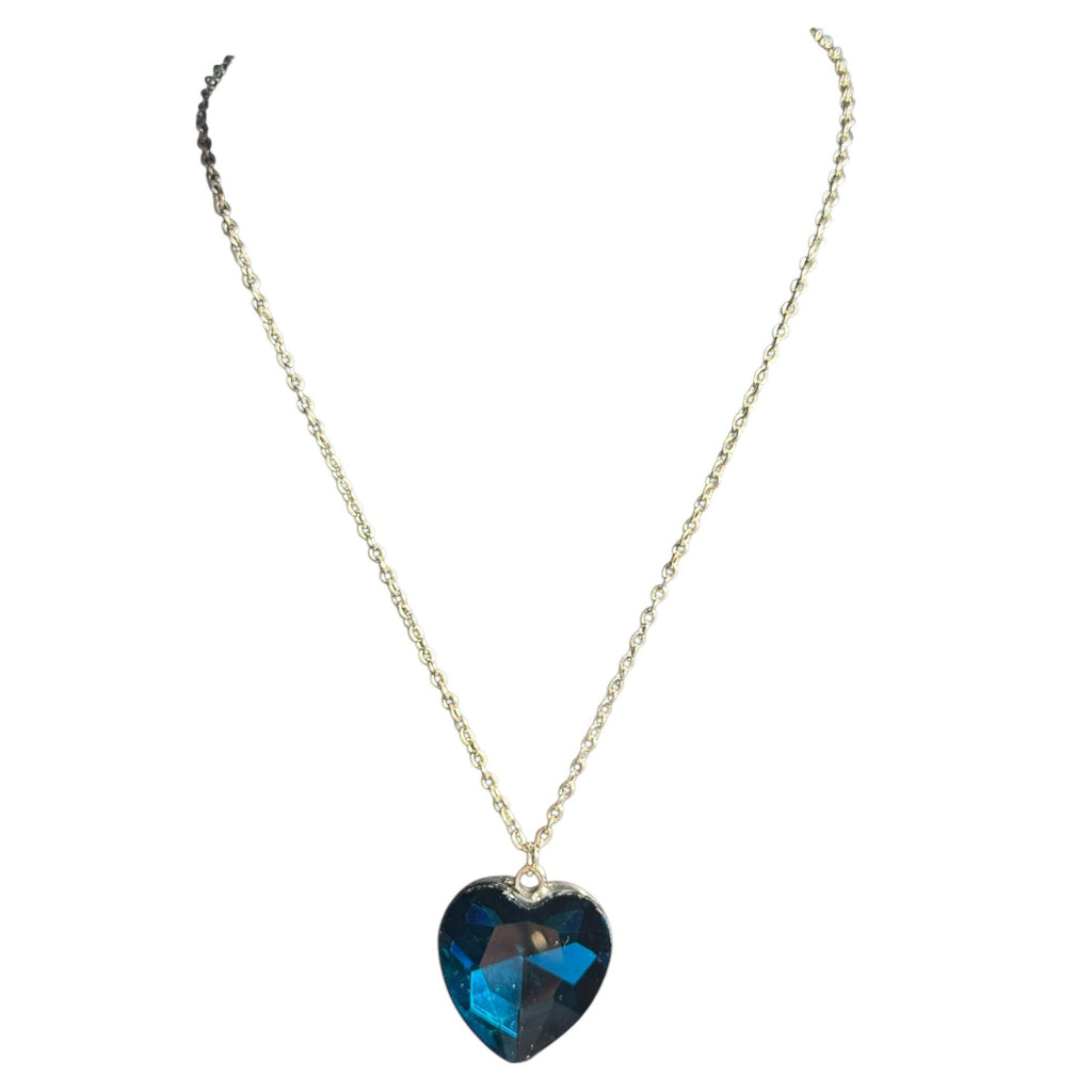 Blue Heart Pendant Necklace Faceted Glass Stone Silver Tone Chain Romantic Sparkling Jewelry