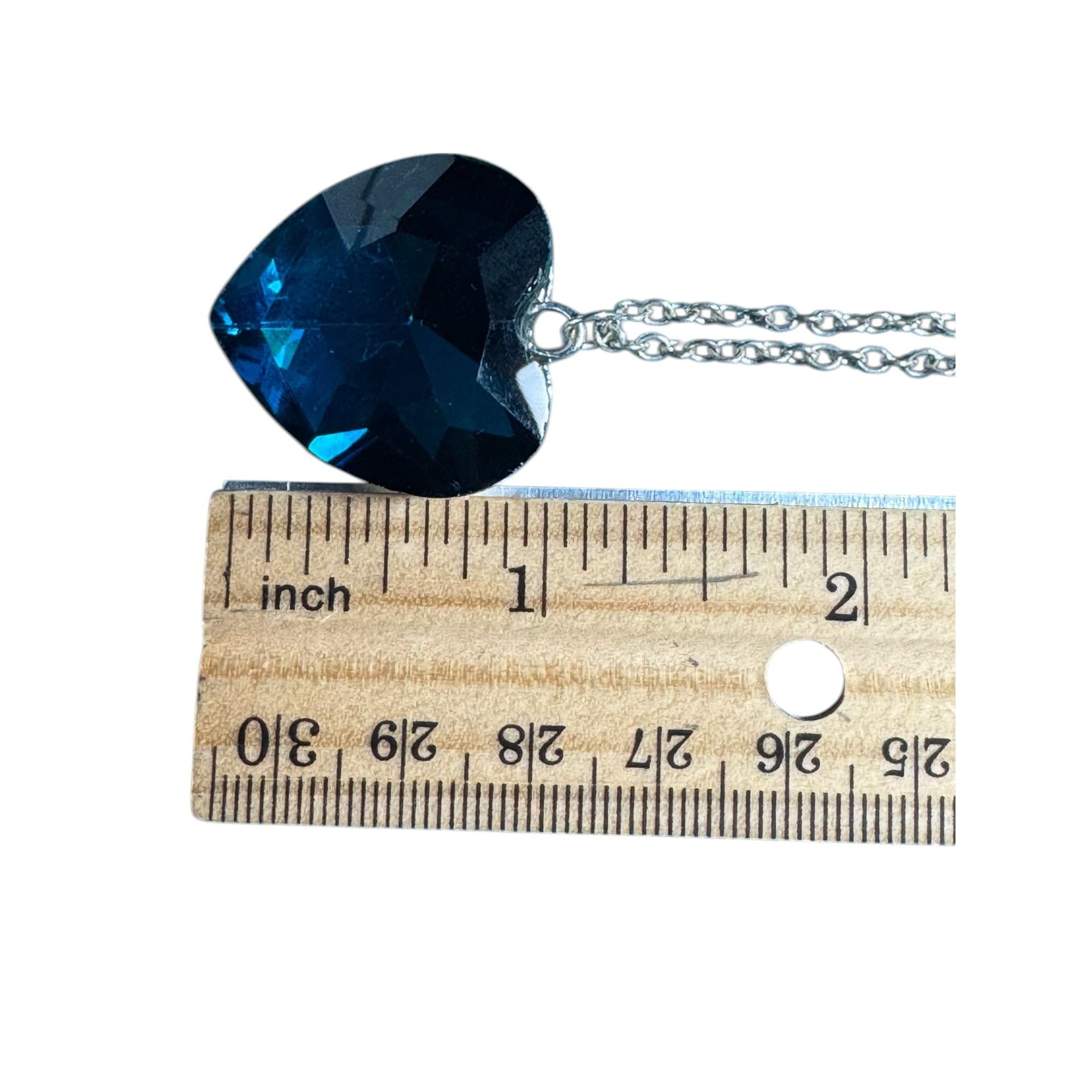 Blue Heart Pendant Necklace Faceted Glass Stone Silver Tone Chain Romantic Sparkling Jewelry