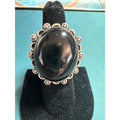 Sterling Silver 925 Large Black Onyx Statement Ring – Oval Cabochon – Scalloped Boho Vintage Style – Size 8.5
