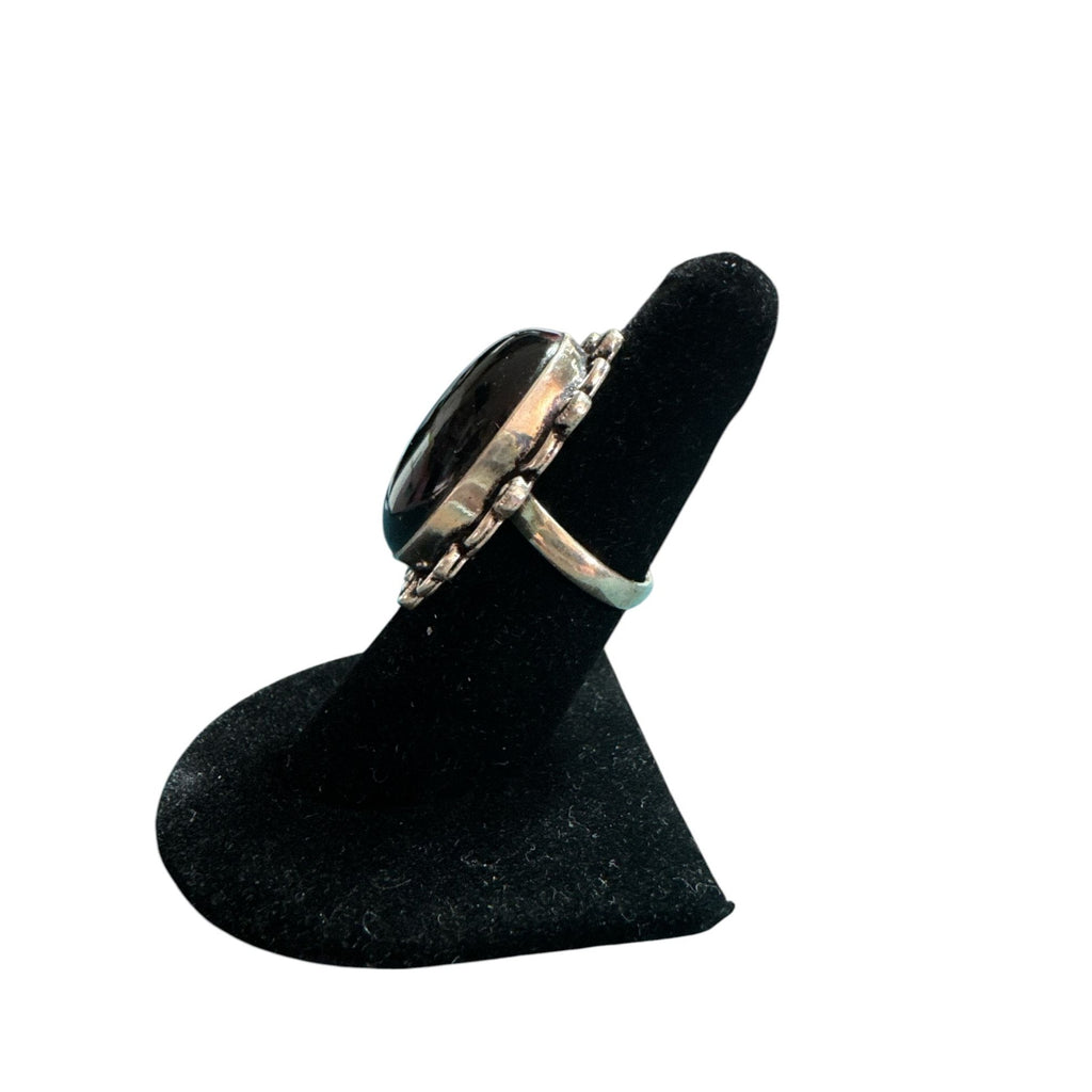 Sterling Silver 925 Large Black Onyx Statement Ring – Oval Cabochon – Scalloped Boho Vintage Style – Size 8.5