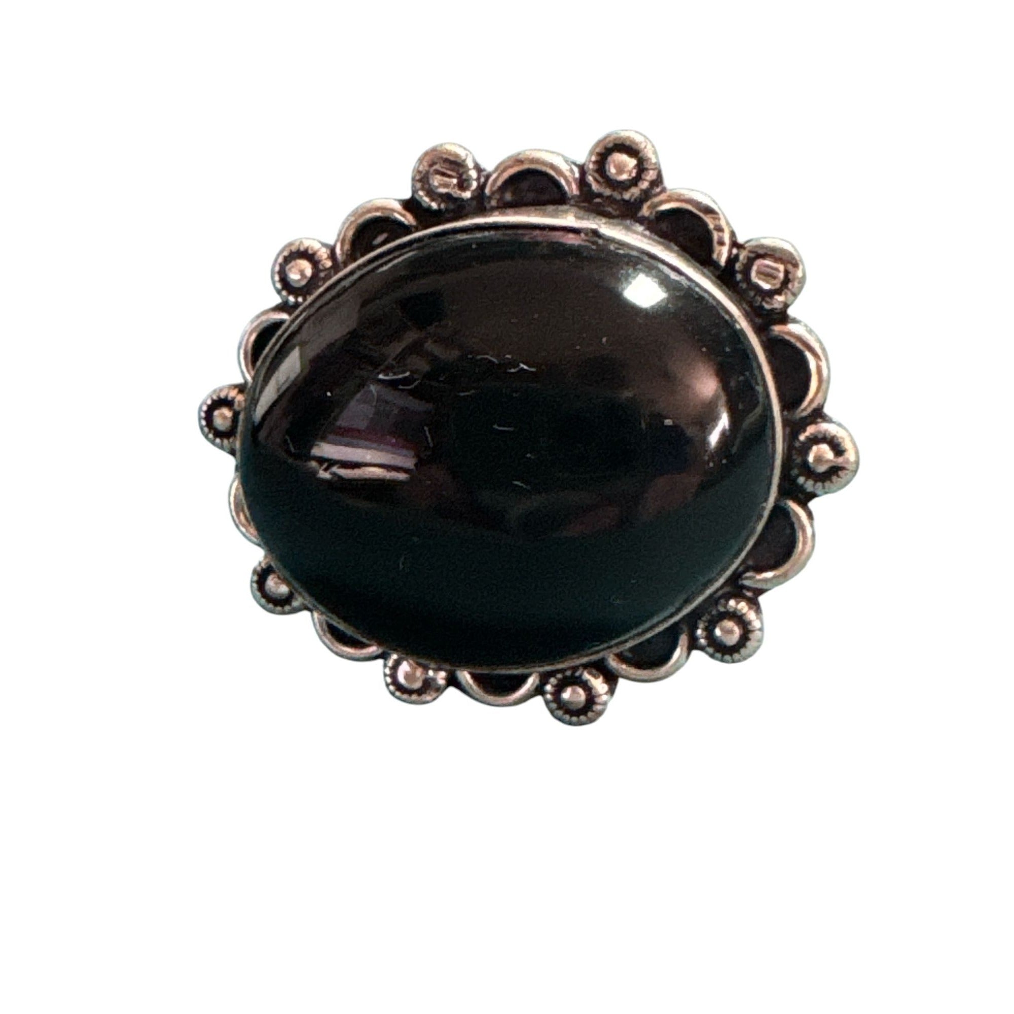 Sterling Silver 925 Large Black Onyx Statement Ring – Oval Cabochon – Scalloped Boho Vintage Style – Size 8.5