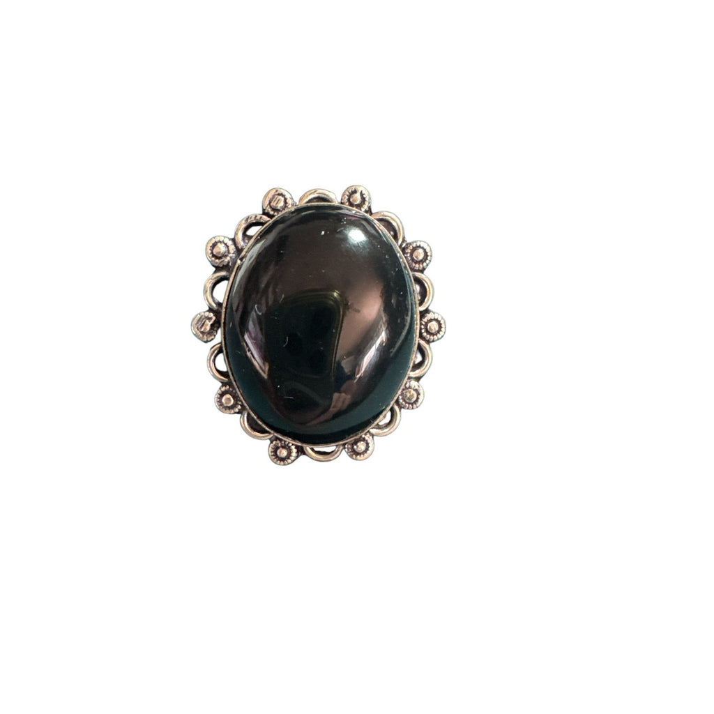 Sterling Silver 925 Large Black Onyx Statement Ring – Oval Cabochon – Scalloped Boho Vintage Style – Size 8.5