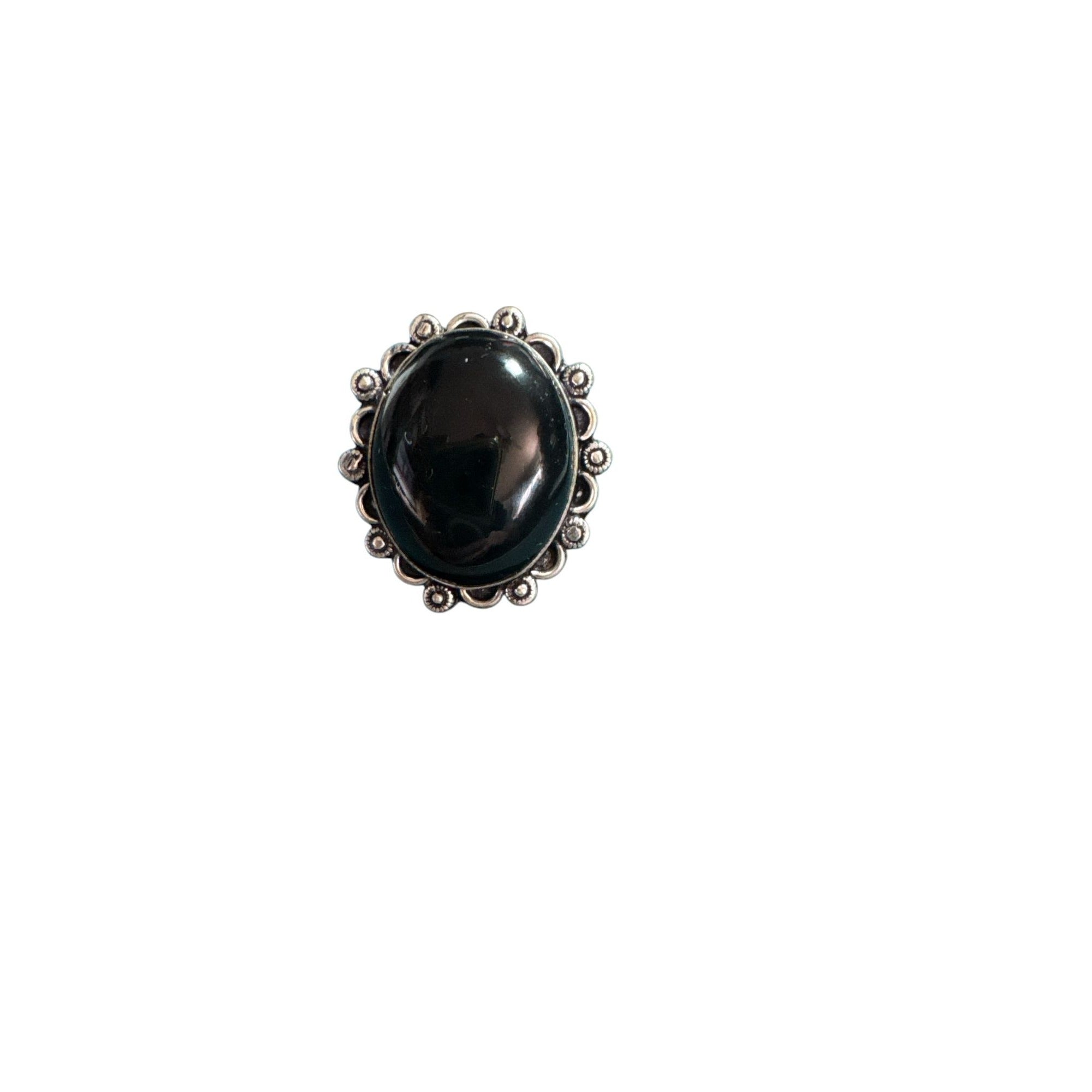 Sterling Silver 925 Large Black Onyx Statement Ring – Oval Cabochon – Scalloped Boho Vintage Style – Size 8.5