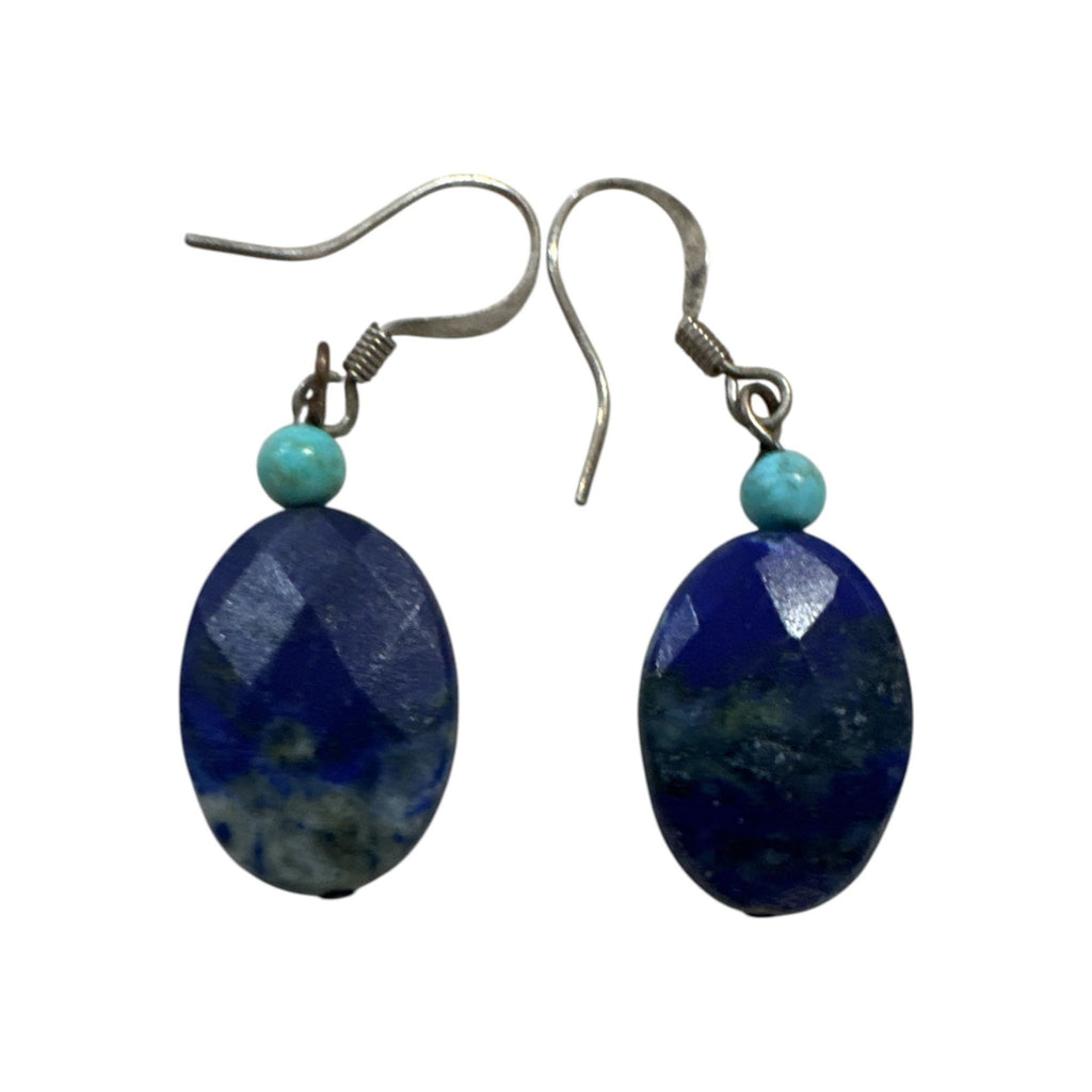 Faceted Lapis Lazuli & Turquoise Bead Drop Earrings With Silver Hooks