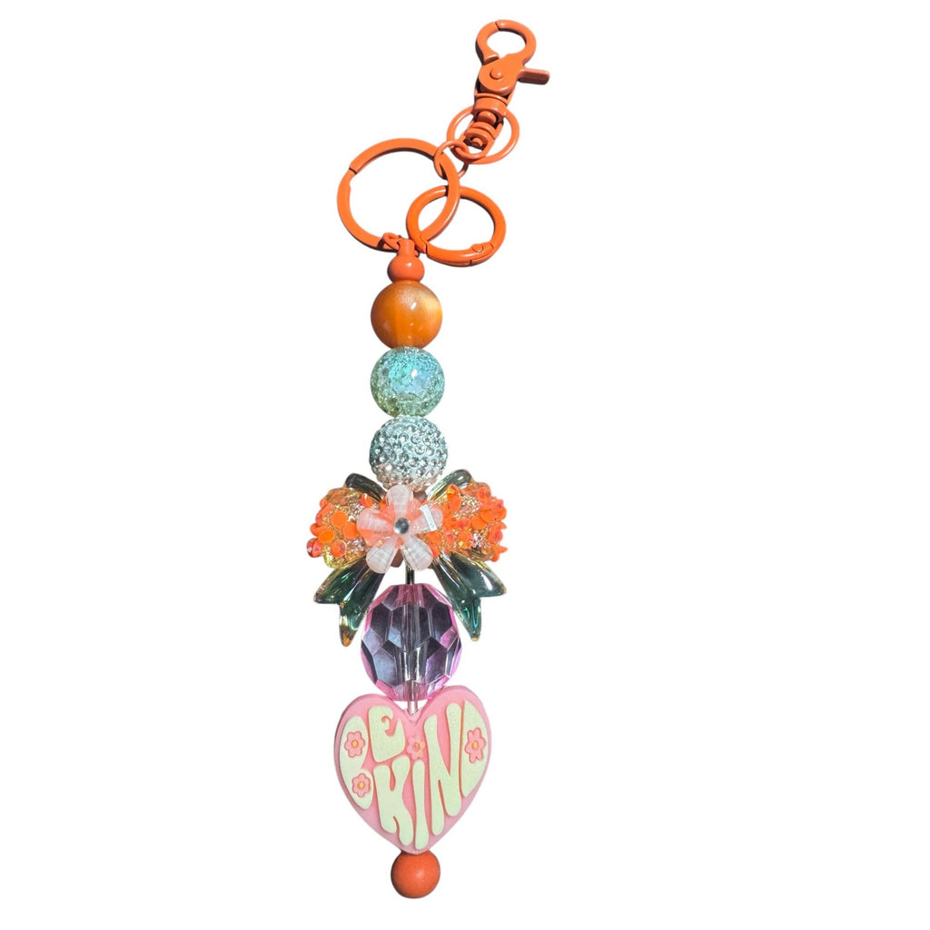 Be Kind Backpack Charm With Colorful Beads & Flower Accents Orange Clip Keychain Heart Pendant Handmade Accessory