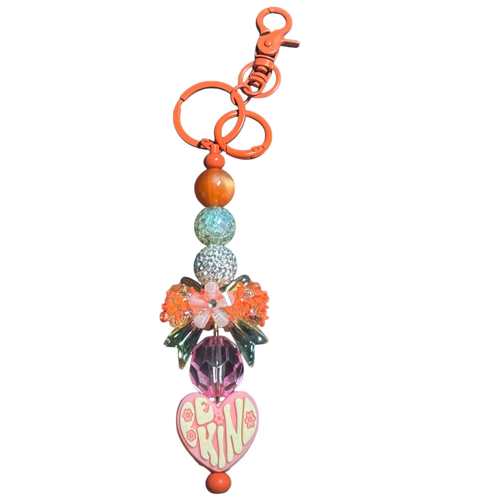 Be Kind Backpack Charm With Colorful Beads & Flower Accents Orange Clip Keychain Heart Pendant Handmade Accessory