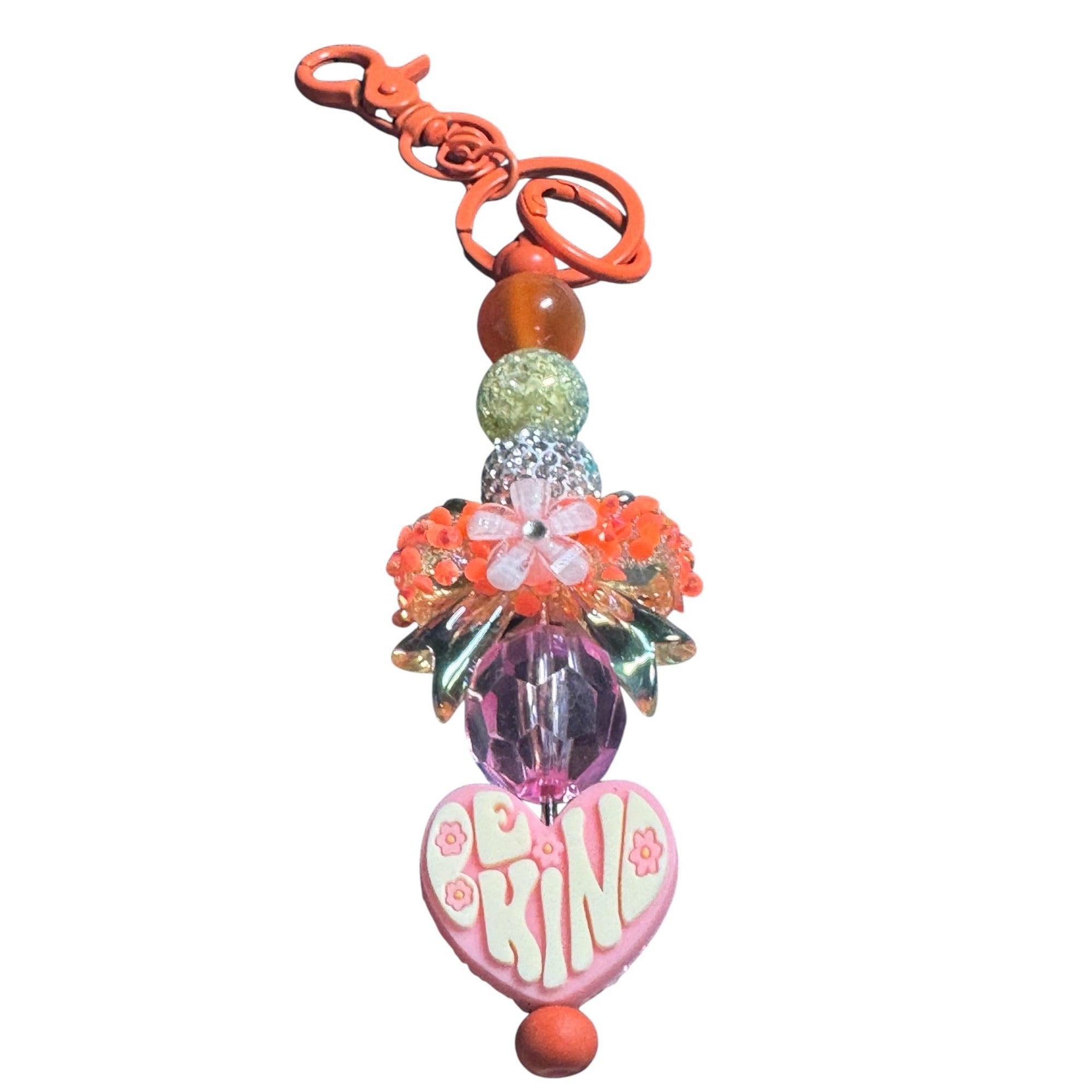 Be Kind Backpack Charm With Colorful Beads & Flower Accents Orange Clip Keychain Heart Pendant Handmade Accessory