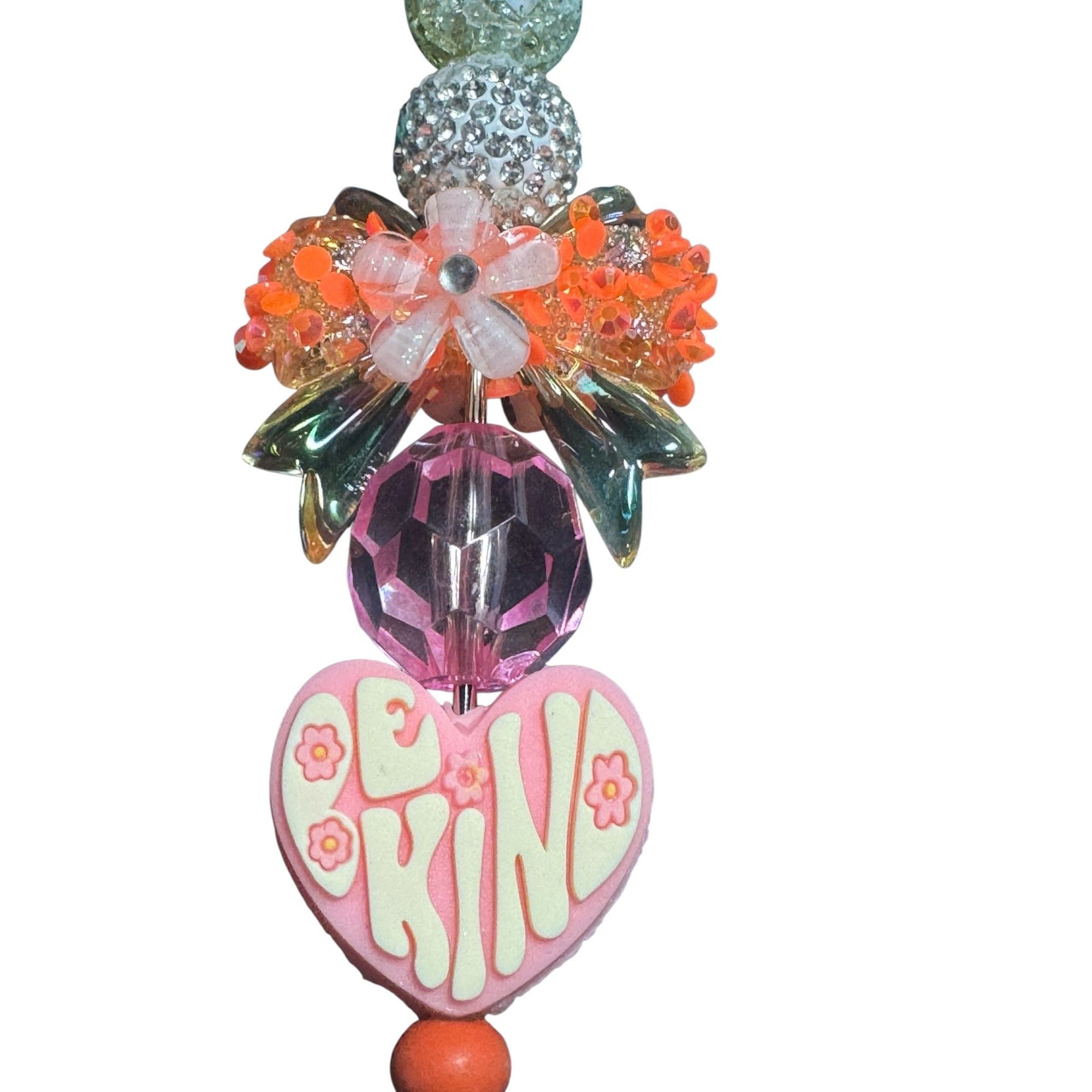 Be Kind Backpack Charm With Colorful Beads & Flower Accents Orange Clip Keychain Heart Pendant Handmade Accessory