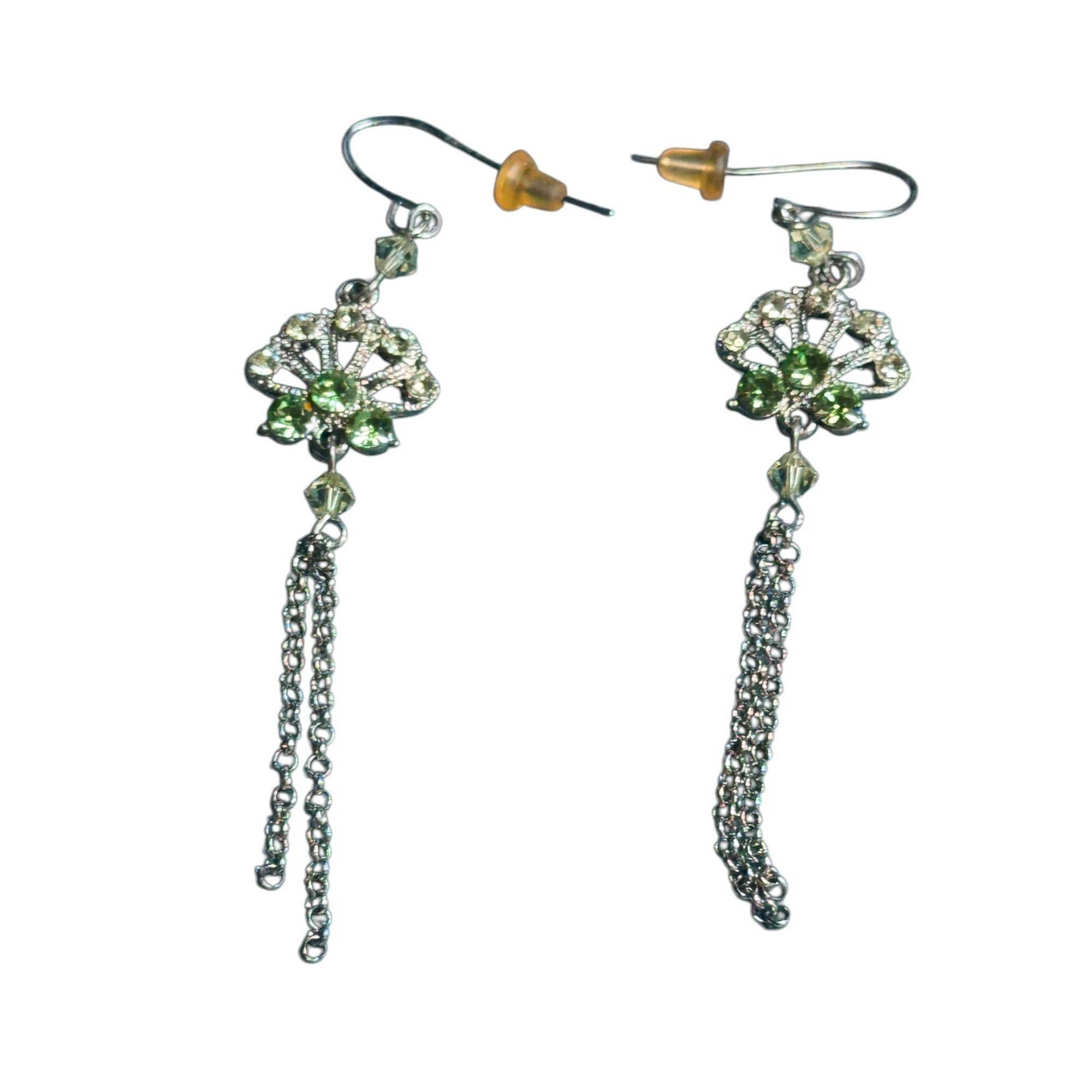 Crystal Drop Dangle Earrings With Green Accents & Chain Tassels Lightweight & Elegant Design Ideal For Formal & Casual Wear