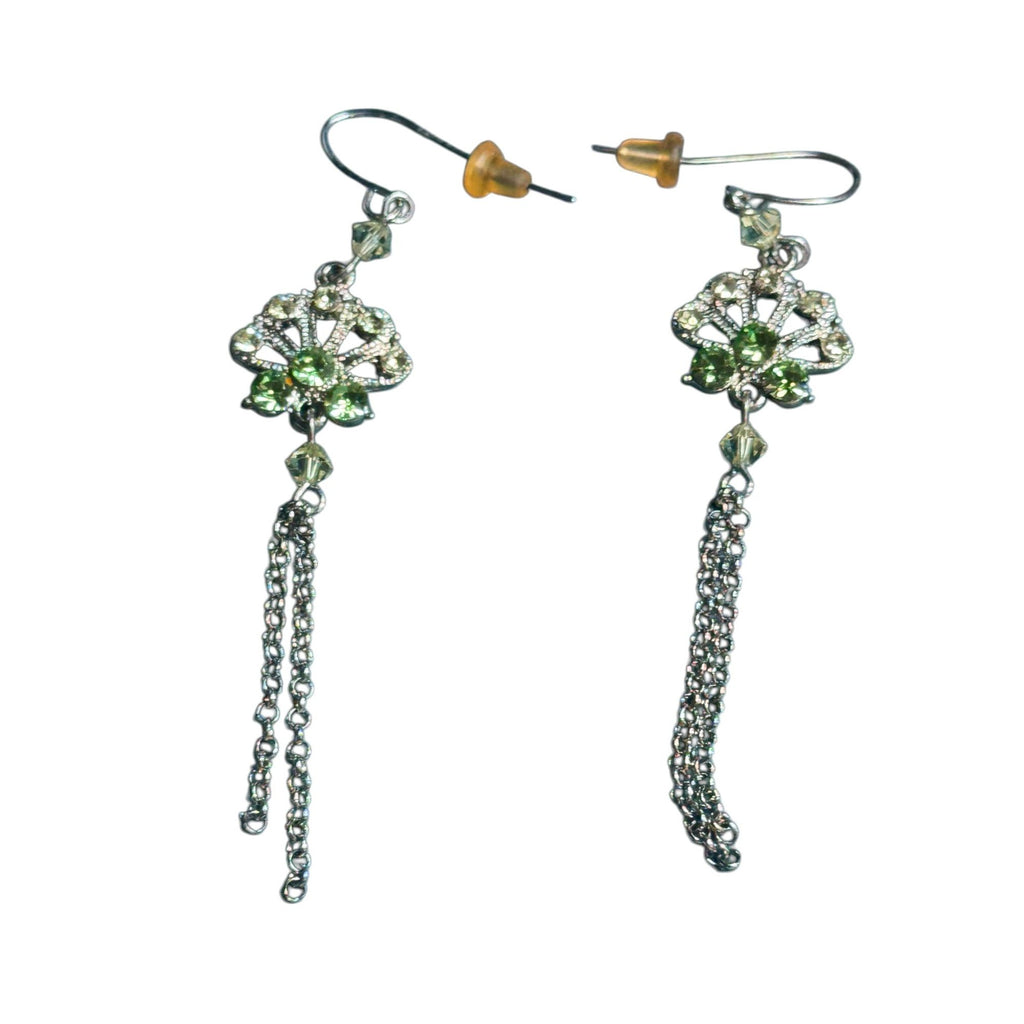 Crystal Drop Dangle Earrings With Green Accents & Chain Tassels Lightweight & Elegant Design Ideal For Formal & Casual Wear