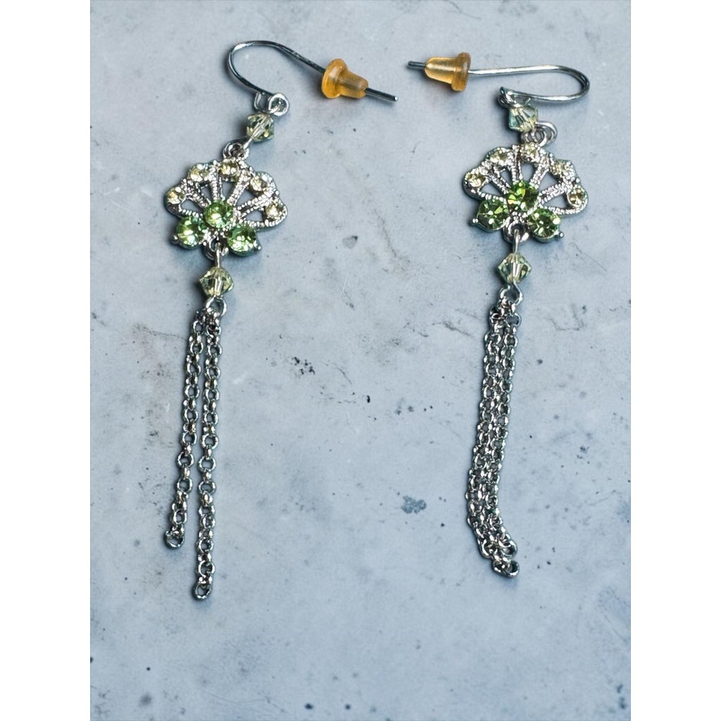 Crystal Drop Dangle Earrings With Green Accents & Chain Tassels Lightweight & Elegant Design Ideal For Formal & Casual Wear