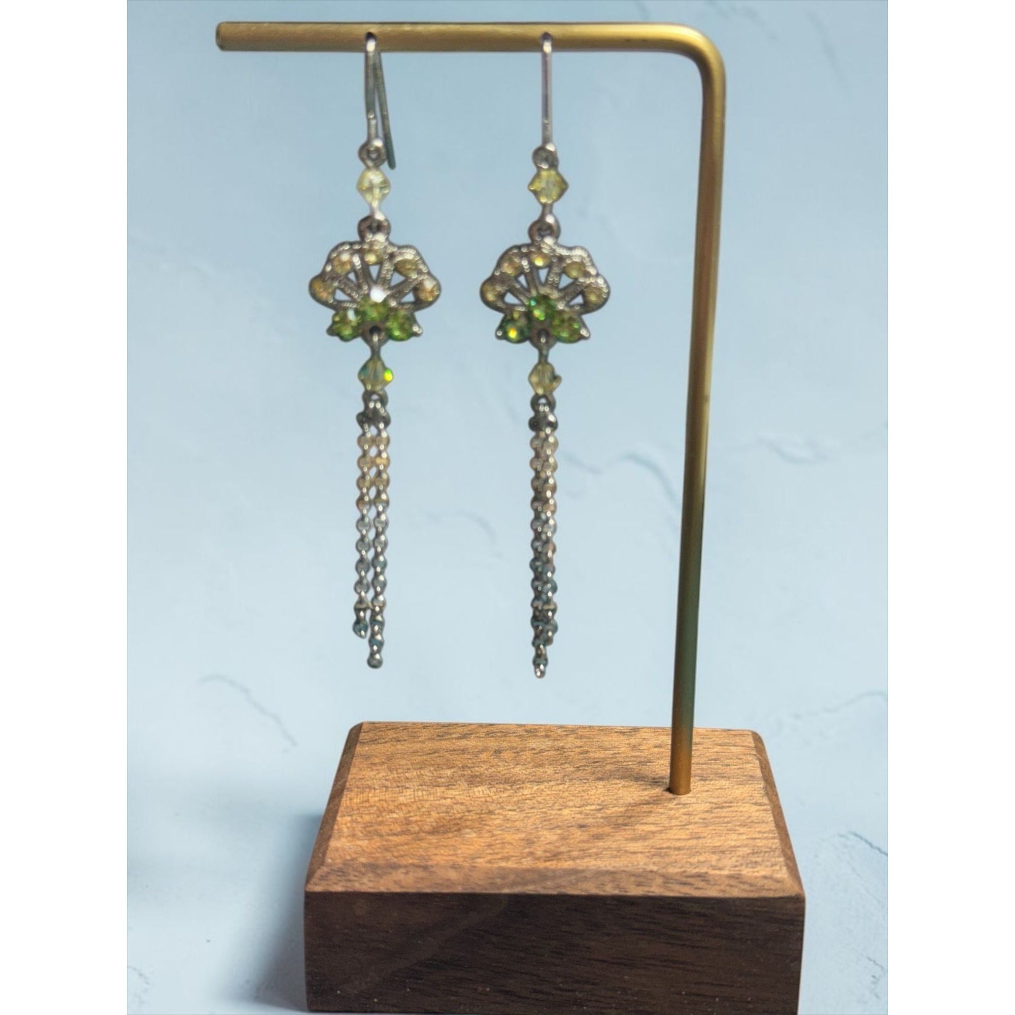 Crystal Drop Dangle Earrings With Green Accents & Chain Tassels Lightweight & Elegant Design Ideal For Formal & Casual Wear